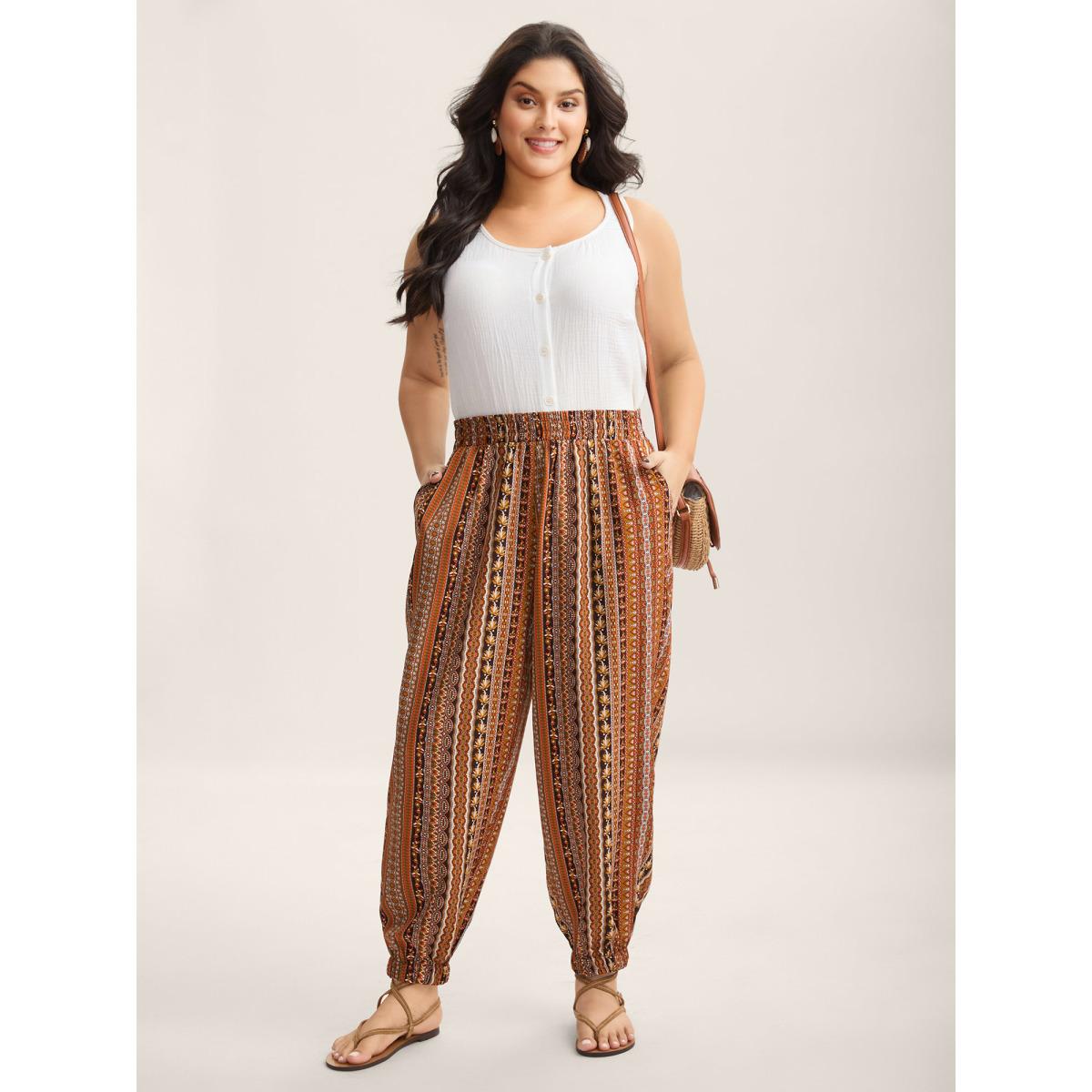 Plus Size Boho Striped Split Jogger Pants Women Yellowishbrown Casual Bodycon Mid Rise Everyday-Casual Pants BloomChic 22-24/3X Product Image