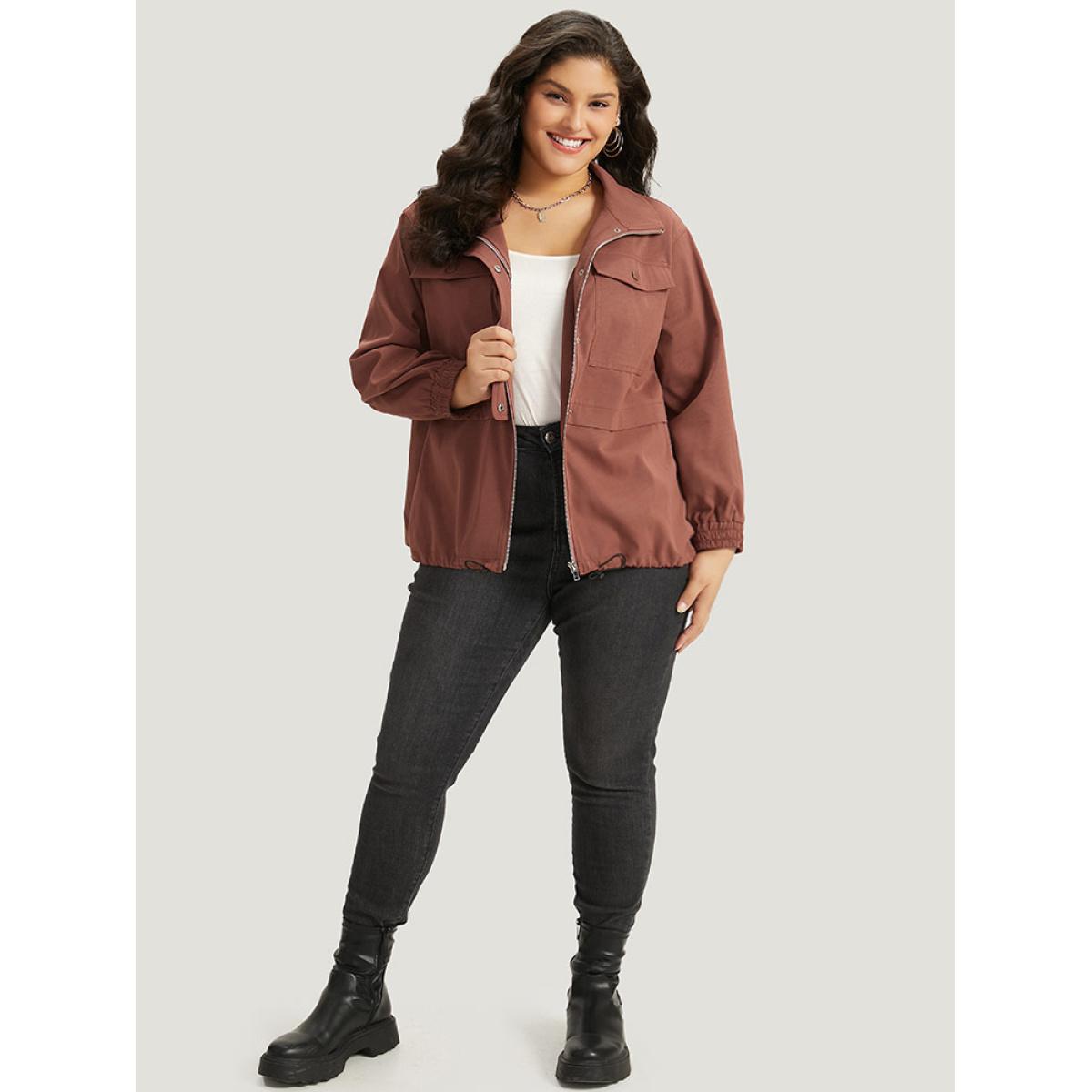 Plus Size Halloween Plain Flap Pocket Shirred Drawstring Zipper Fly Jacket Women Russet Elastic cuffs Pocket Dailywear Jackets BloomChic 26/4X Product Image