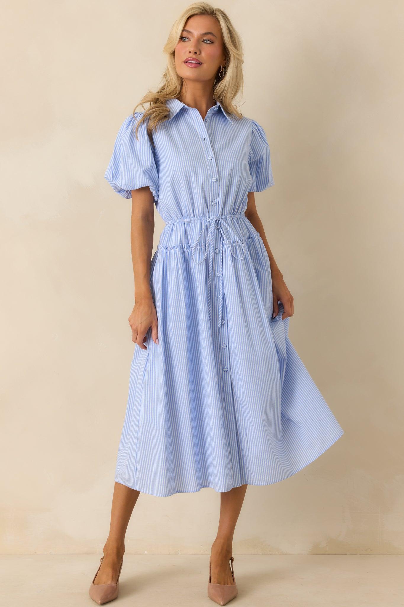 A Twist On Timeless Blue Stripe Rayon Maxi Shirt Dress Product Image