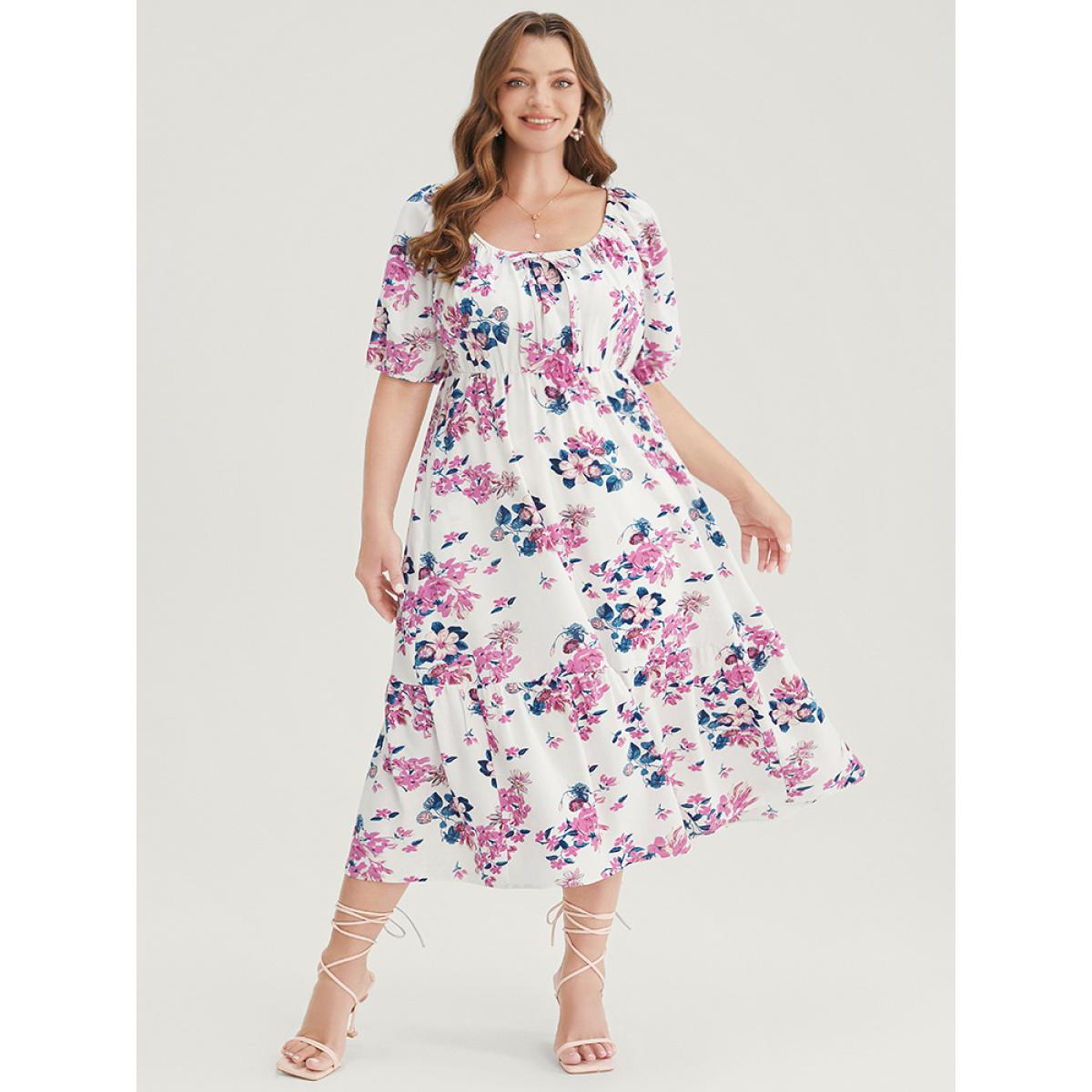 Plus Size Floral Puff Sleeve Pocket Knot Front Scoop Neck Flutter Dress White Women Elegant Lined Scoop Neck Short sleeve Curvy Midi Dress BloomChic 18-20/2X Product Image