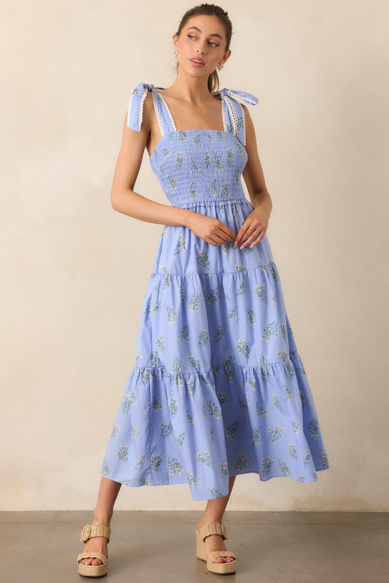 Take Me Away Cotton Periwinkle Floral Smocked Maxi Dress Product Image