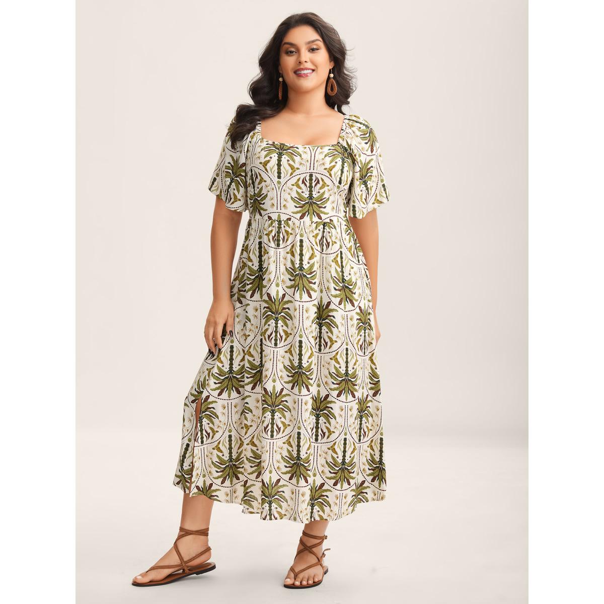 Plus Size Tropical Print A-Line Slit Midi Dress Multicolor Women Square Neck Short sleeve Curvy BloomChic 14-16/1X Product Image