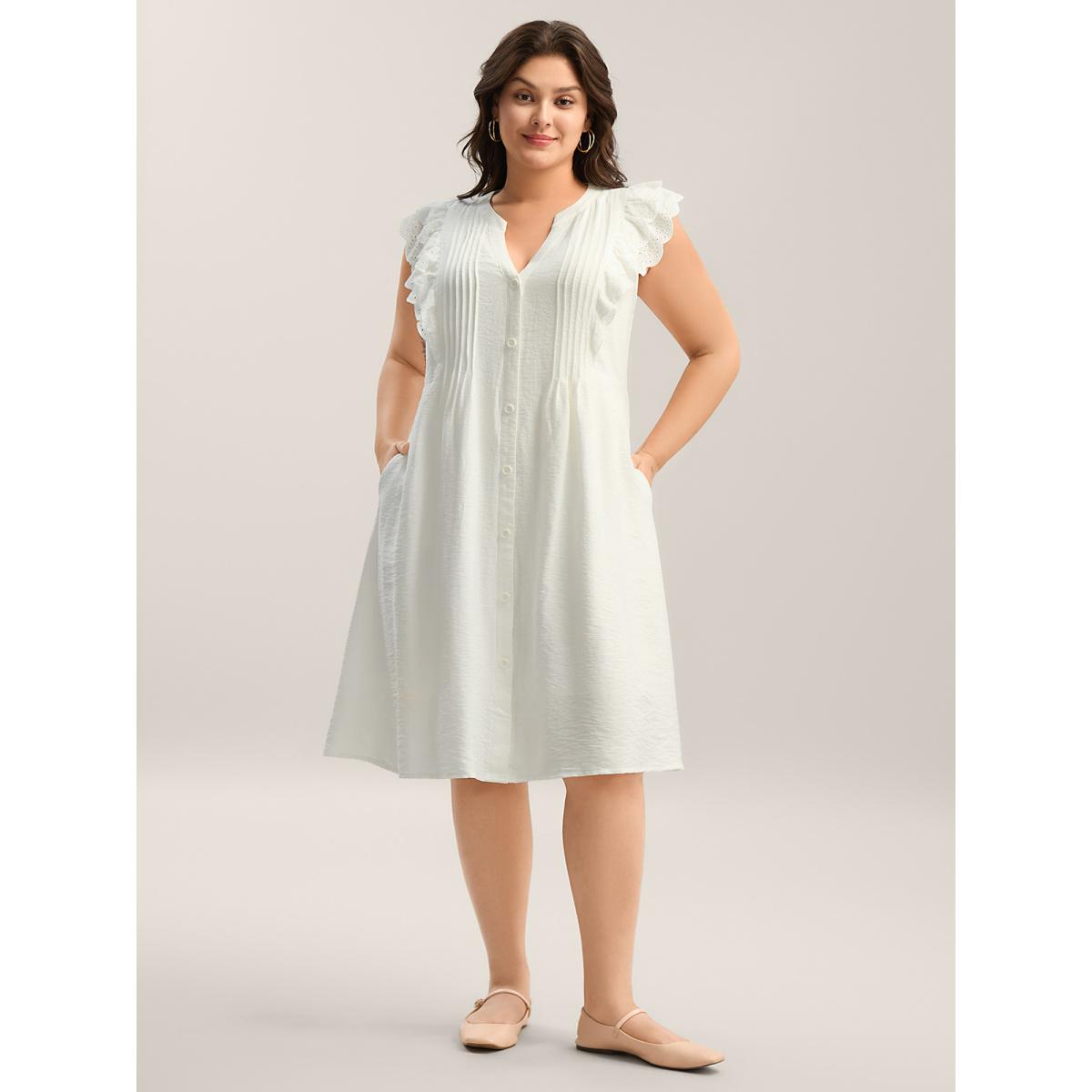 Plus Size Lace Trim Pleated Button Shirt Dress Originalwhite Women Flat collar with V-notch Cap Sleeve Curvy BloomChic 30/6X Product Image