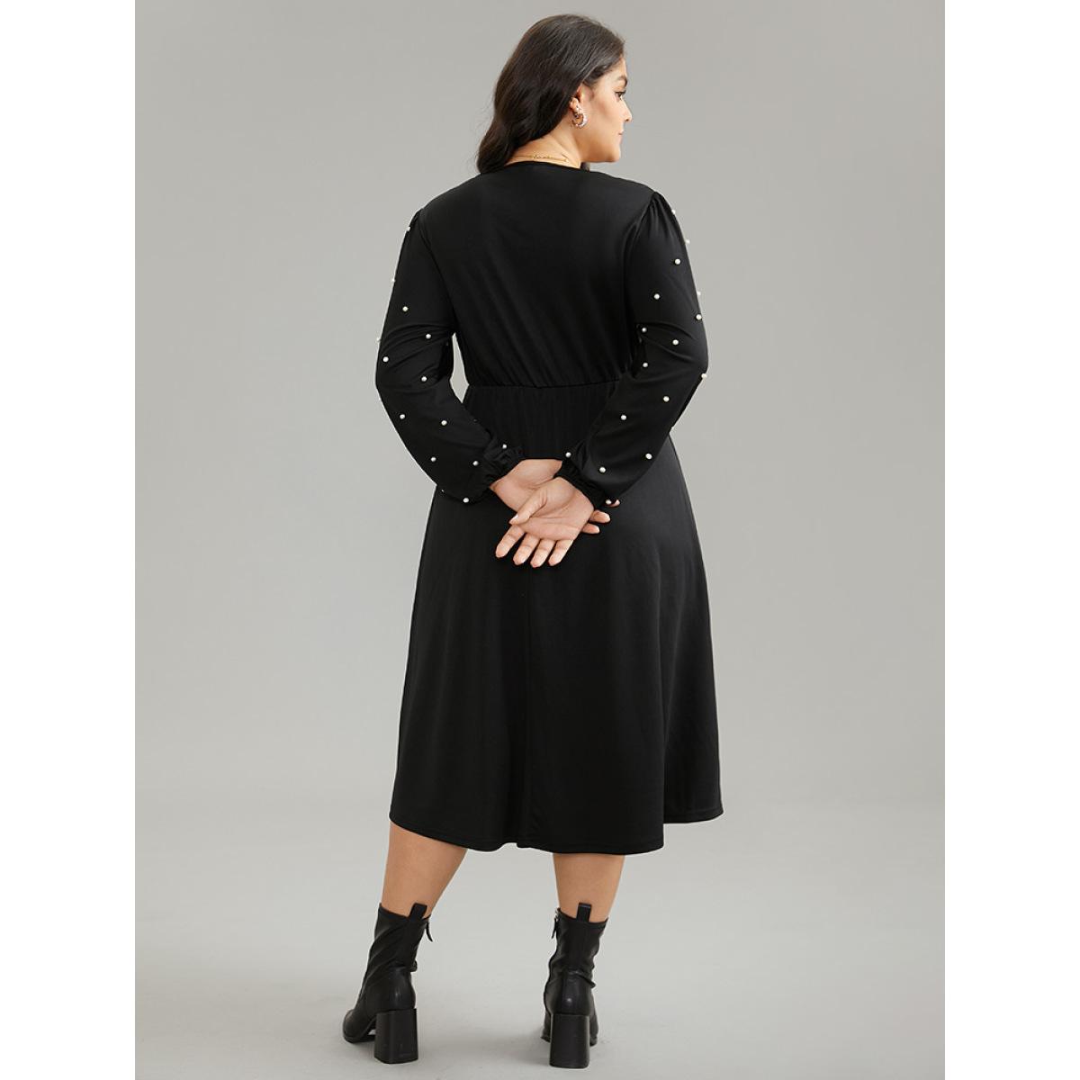 Plus Size Beaded Overlap Collar Pocket Elastic Waist Dress Black Women Elegant Elastic cuffs Overlap Collar Long Sleeve Curvy Midi Dress BloomChic 18-20/2X Product Image