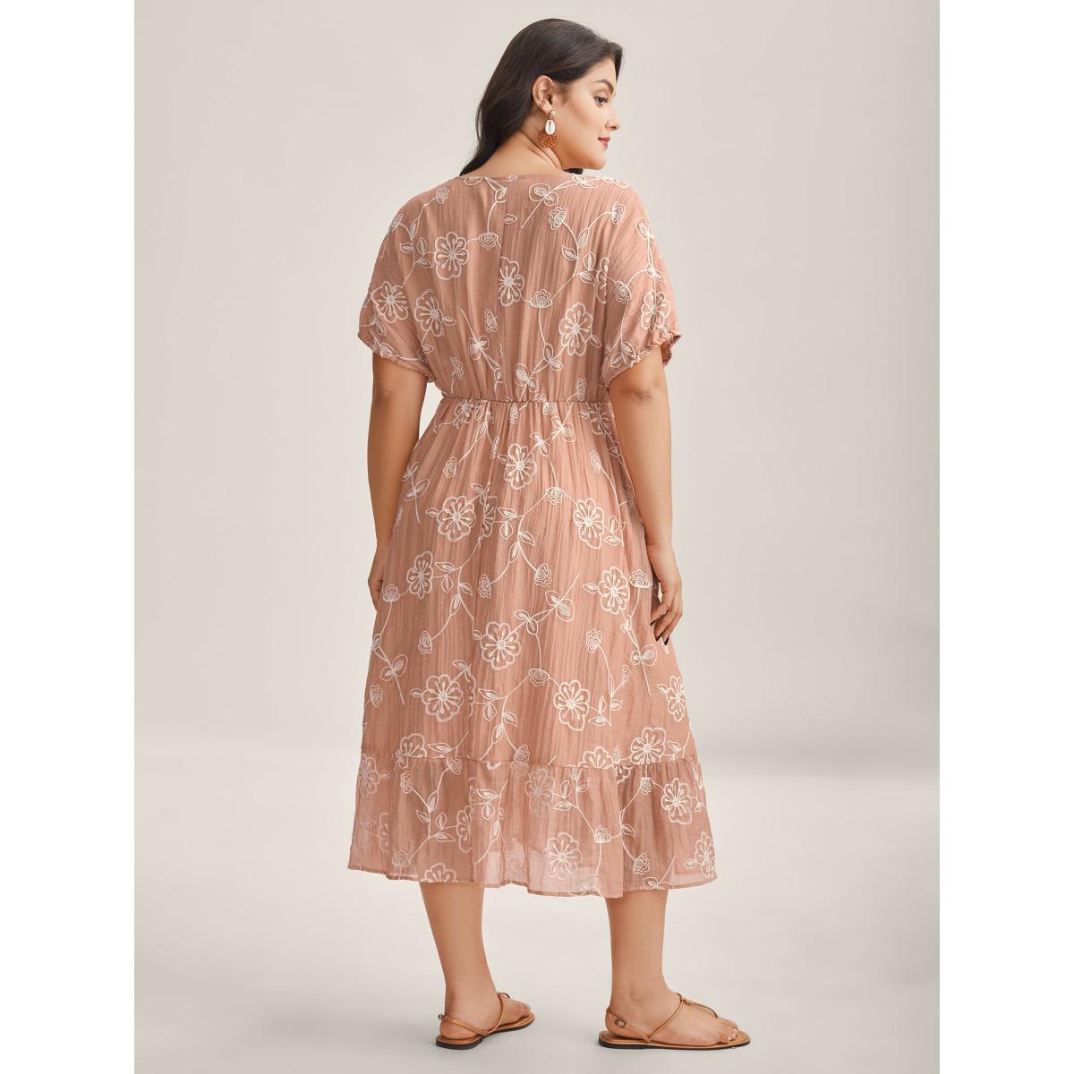 Plus Size Rayon Textured Embroidered Stretchy Midi Dress Watermelon Women V-neck Short sleeve Curvy BloomChic 12/L Product Image