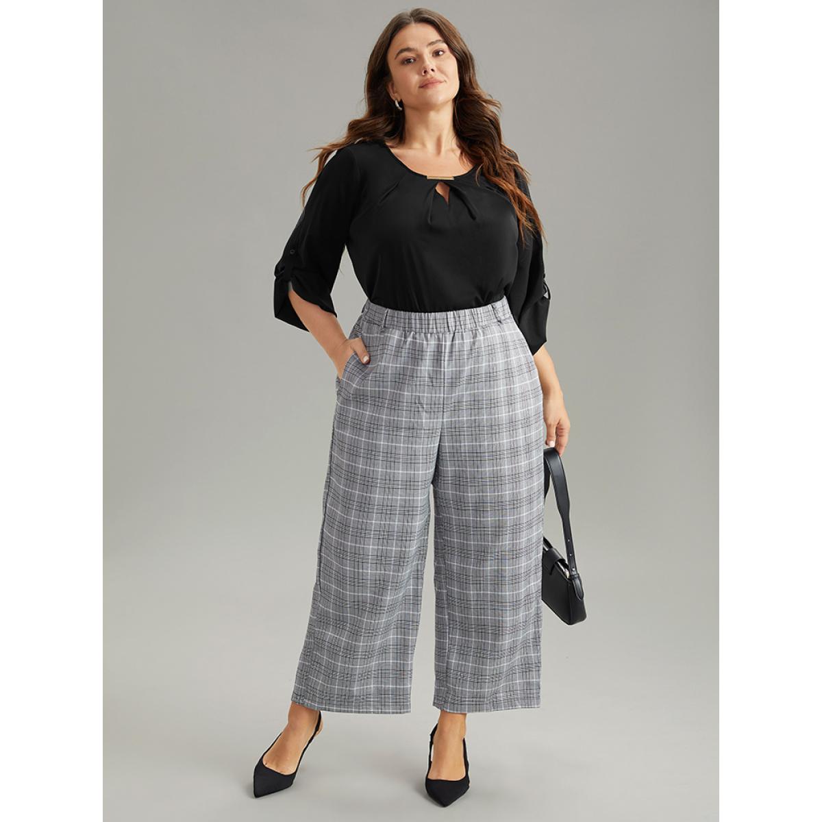 Plus Size Black Anti-Wrinkle Buckle Detail Keyhole Tab Sleeve Blouse Women Office Long Sleeve Round Neck Work Blouses BloomChic 10/M Product Image