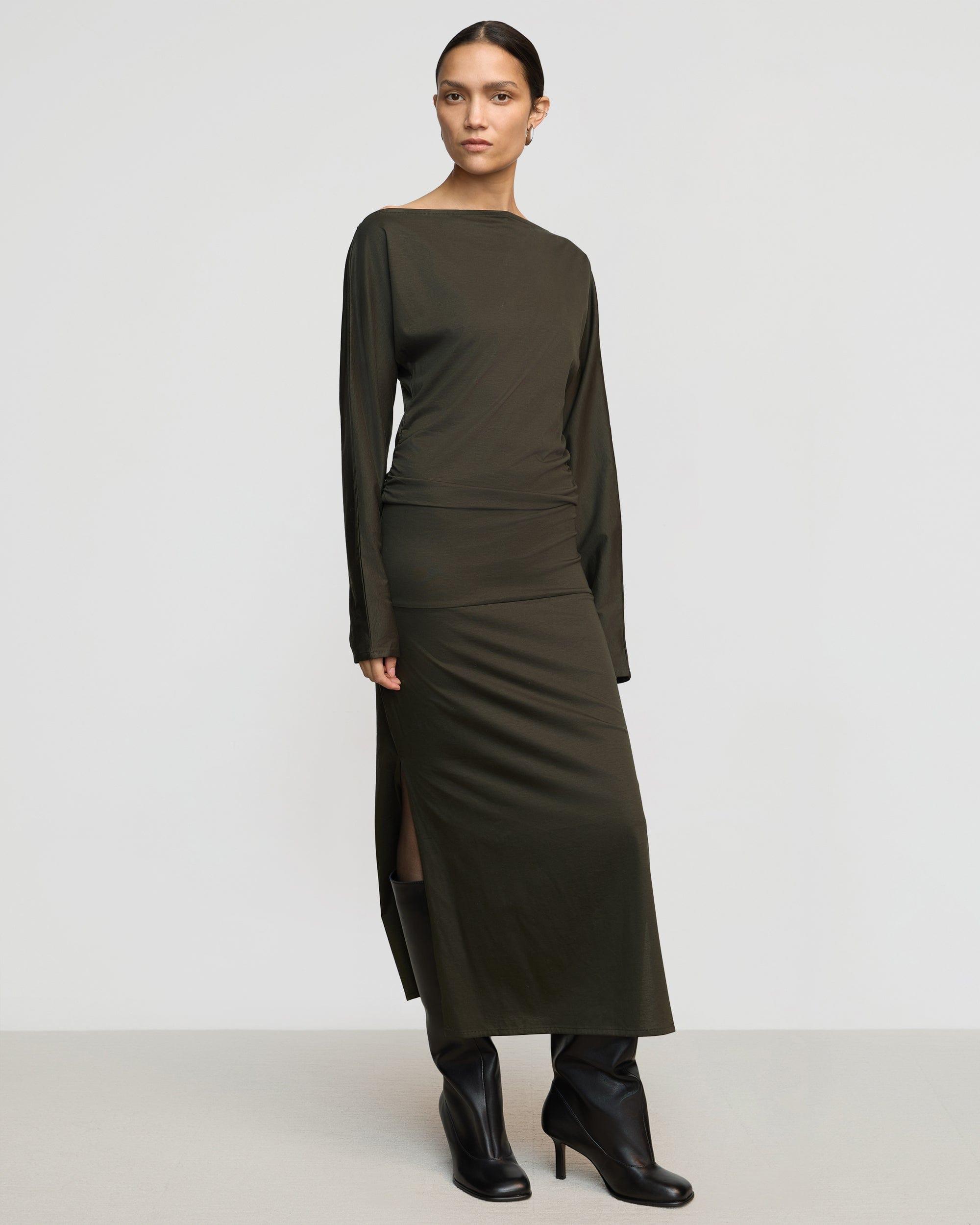Kezia Off-Shoulder Satin Jersey Dress Product Image