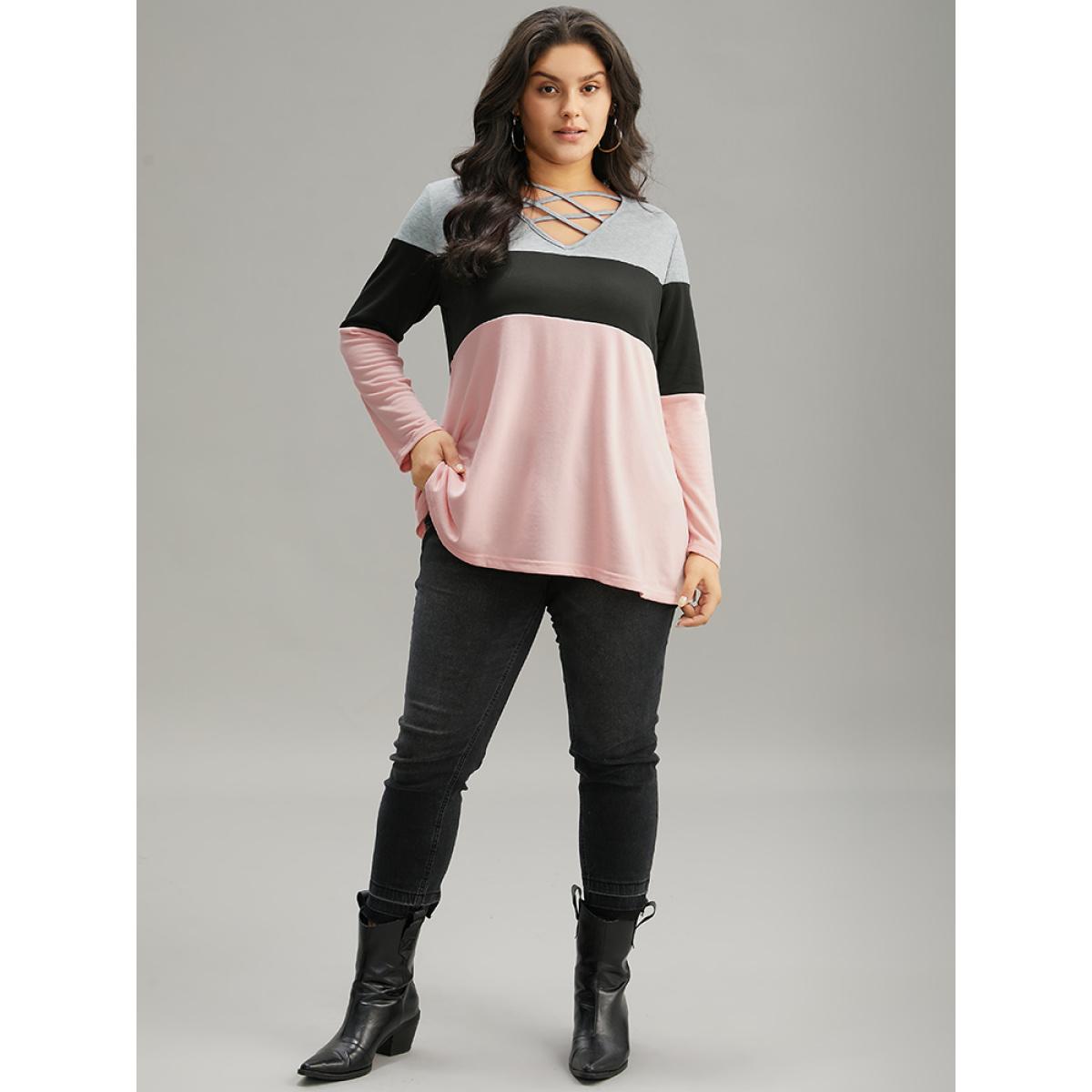 Plus Size Colorblock Contrast Crisscross V Neck Sweatshirt Women Multicolor Casual Contrast V-neck Everyday Sweatshirts BloomChic 10/M Product Image
