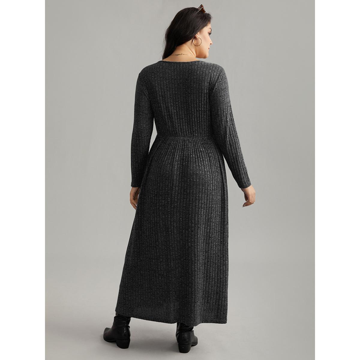 Plus Size Solid Rib Knit Overlap Collar Pocket Dress DimGray Women Casual Texture Overlap Collar Long Sleeve Curvy Midi Dress BloomChic 30/6X Product Image