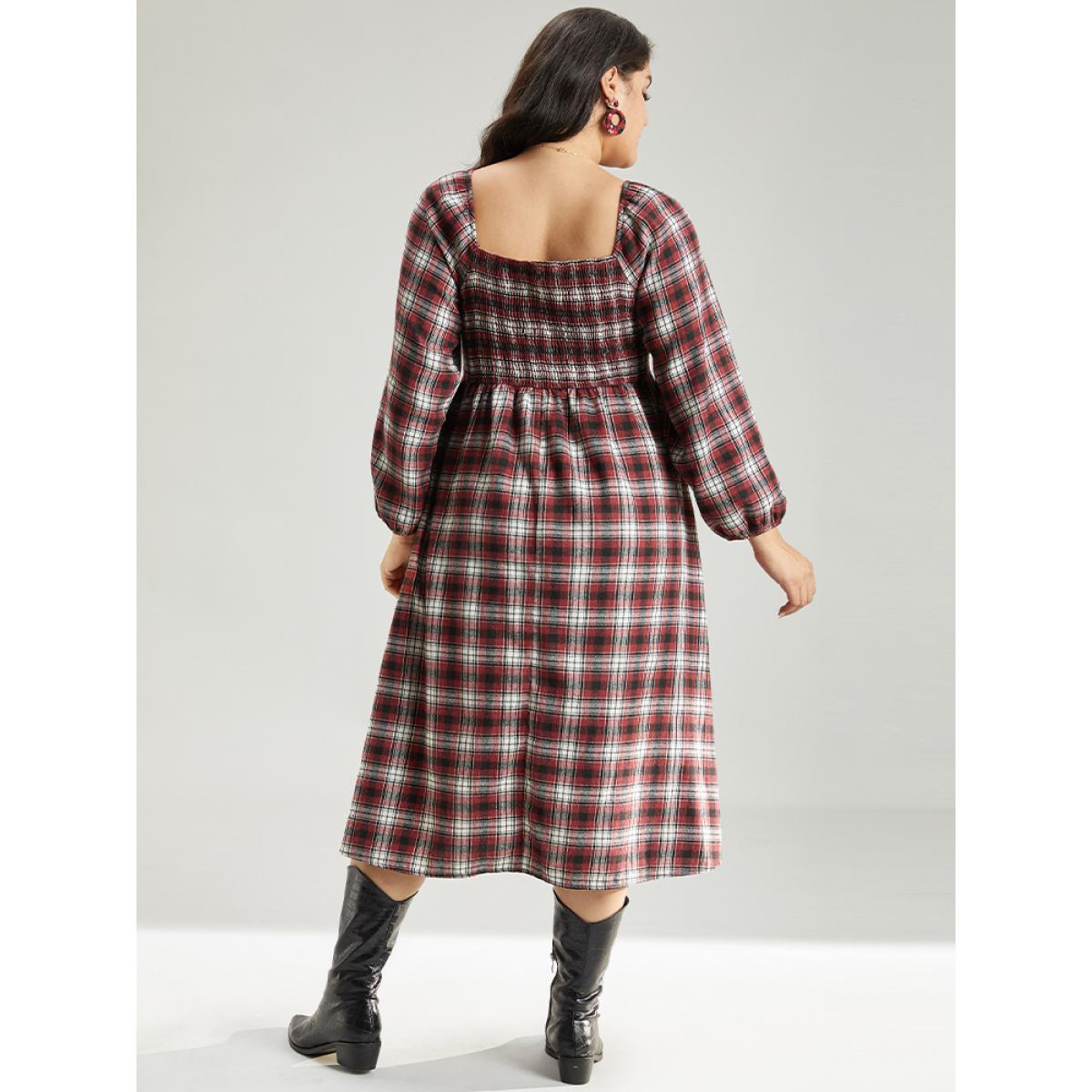 Plus Size Square Neck Plaid Shirred Lantern Sleeve Dress Red Women Casual Elastic cuffs Square Neck Long Sleeve Curvy Midi Dress BloomChic 14-16/1X Product Image