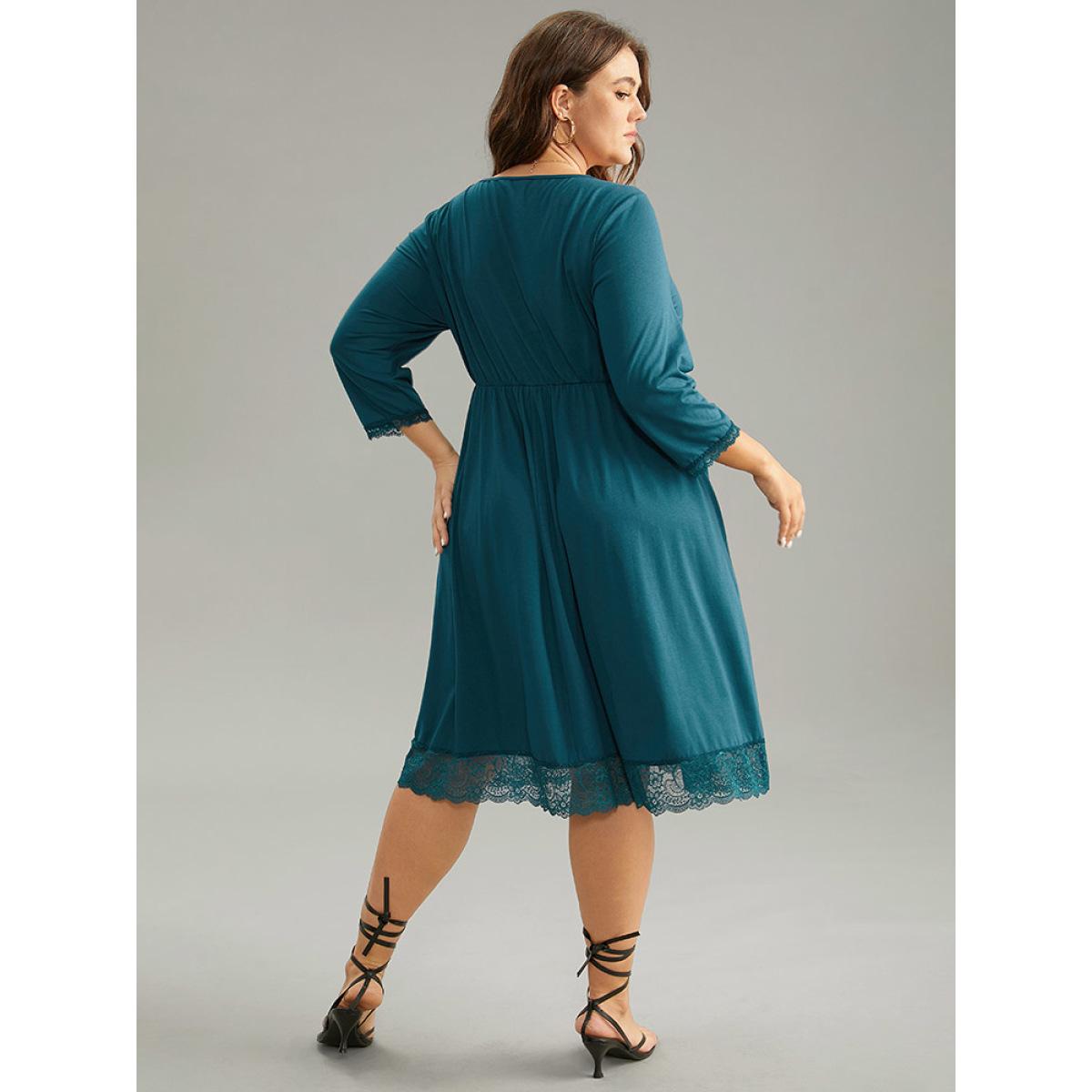 Plus Size Solid Guipure Lace Ruched Elastic Waist Dress Cerulean Women At the Office Gathered V-neck Elbow-length sleeve Curvy Midi Dress BloomChic 12/L Product Image