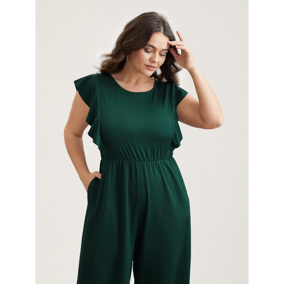 Plus Size DarkGreen Flutter Sleeve Waist Cinched Flared Jumpsuit Women Elegant Cap Sleeve Round Neck Everyday-Elegant Loose Jumpsuits BloomChic 22-24/3X Product Image