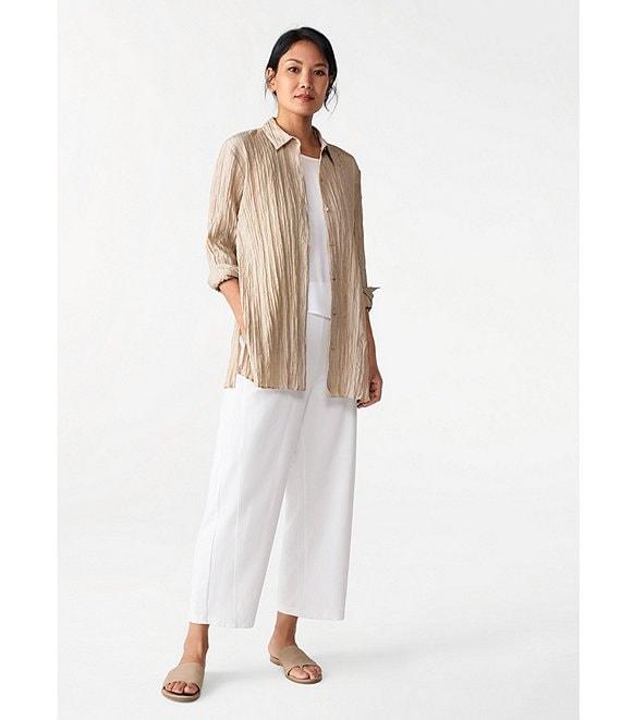 Eileen Fisher Crinkle Silk Classic Collar Long Sleeve Button Down Shirt Product Image