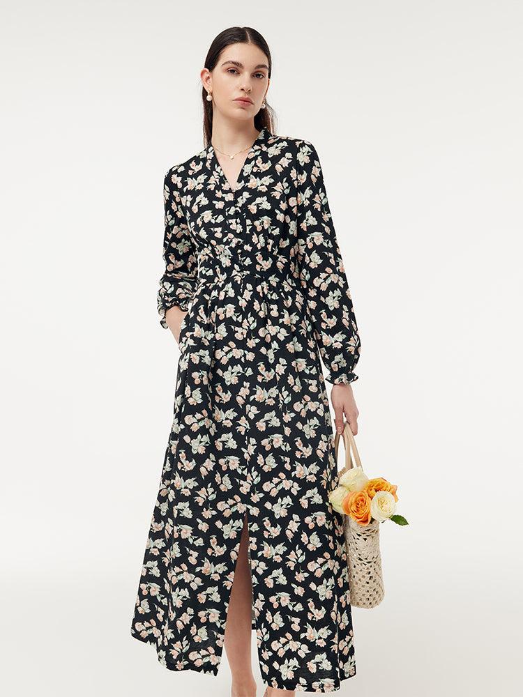 100% Cotton Floral Print Stretch Gathered Waist Women Maxi Dress Product Image