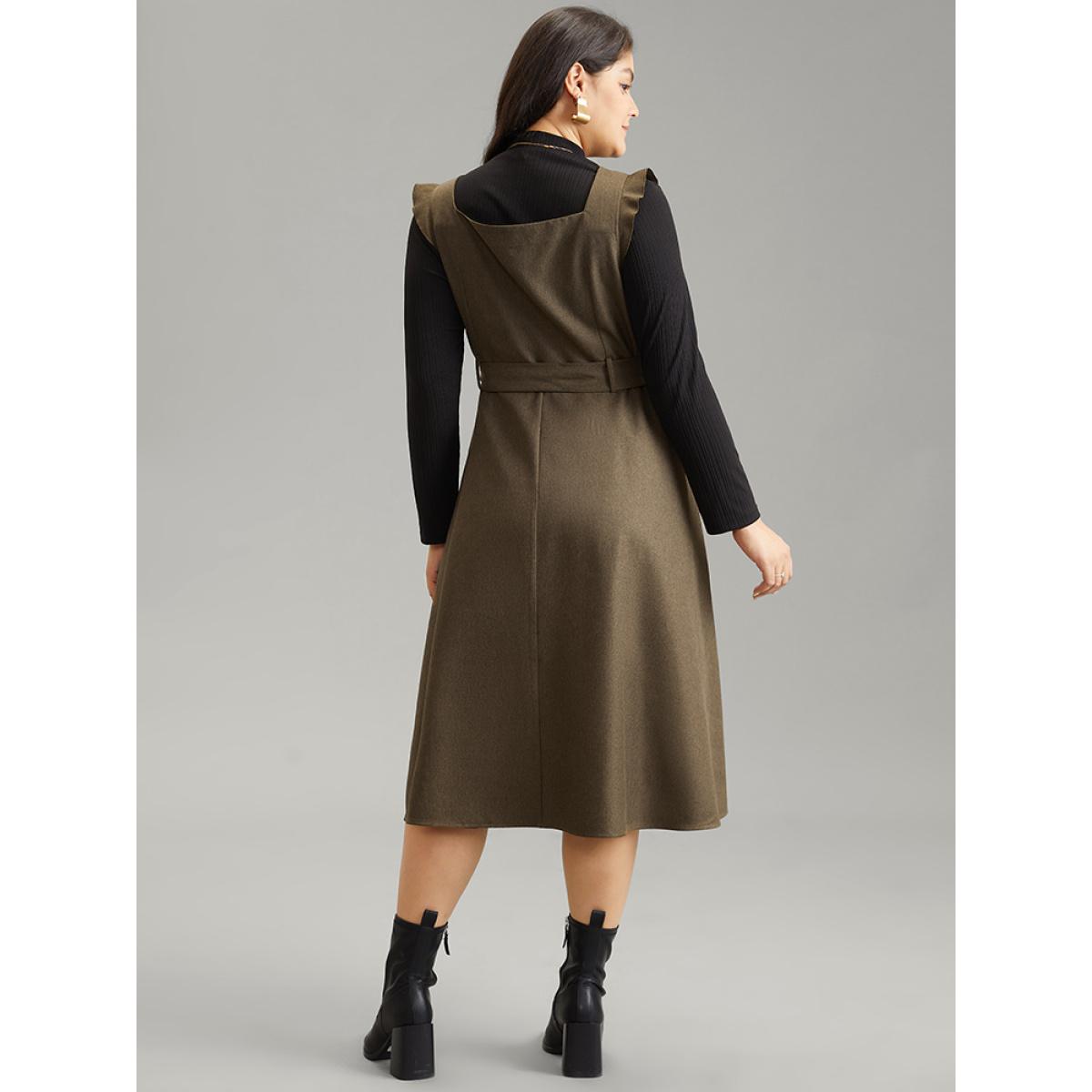 Plus Size Solid Belted Ruffle Trim Button Through Sleeveless Dress ArmyGreen Women Office Plain Square Neck Sleeveless Curvy Midi Dress BloomChic 12/L Product Image