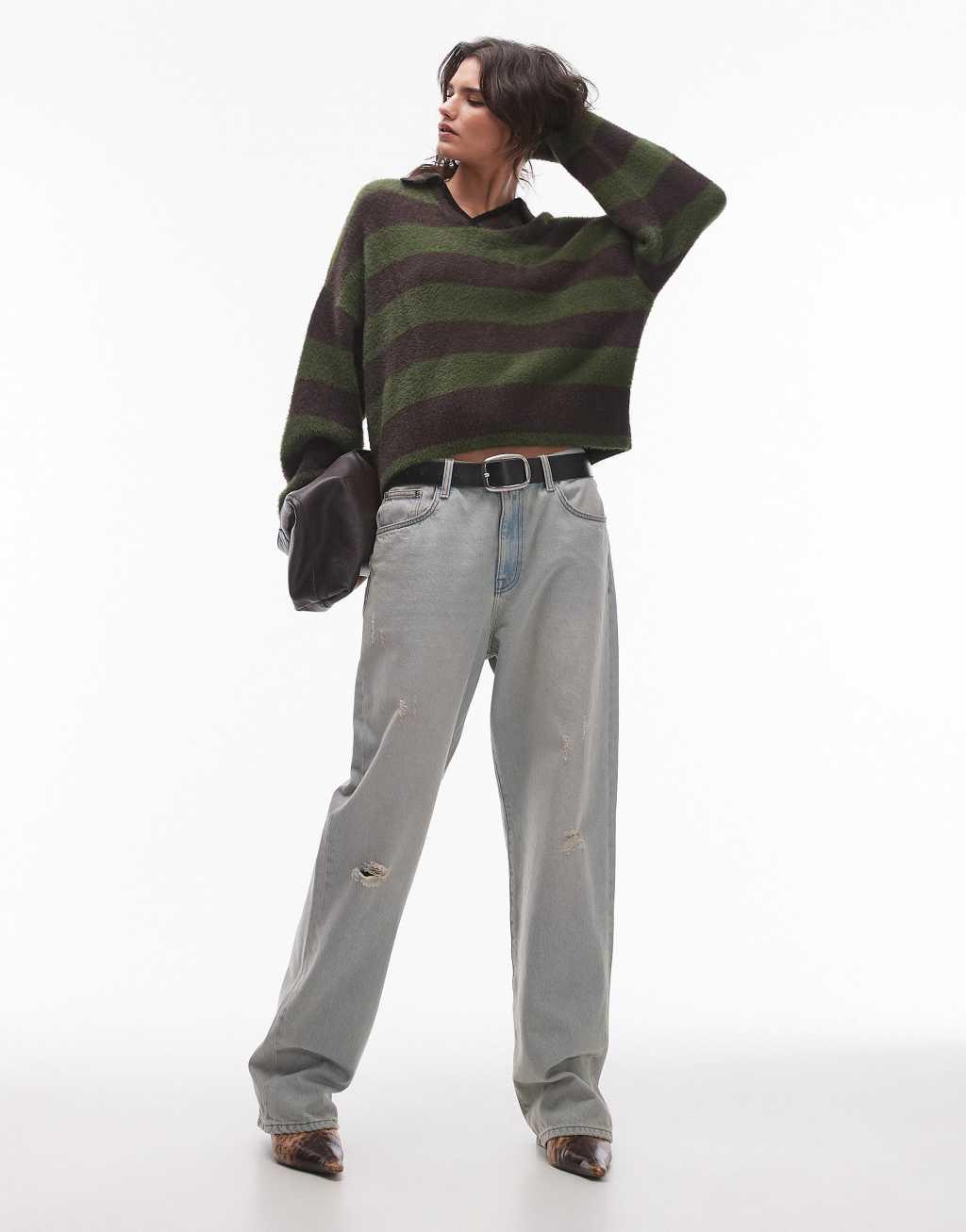 topshop knitted fluffy stripe relaxed polo in gray and green Product Image