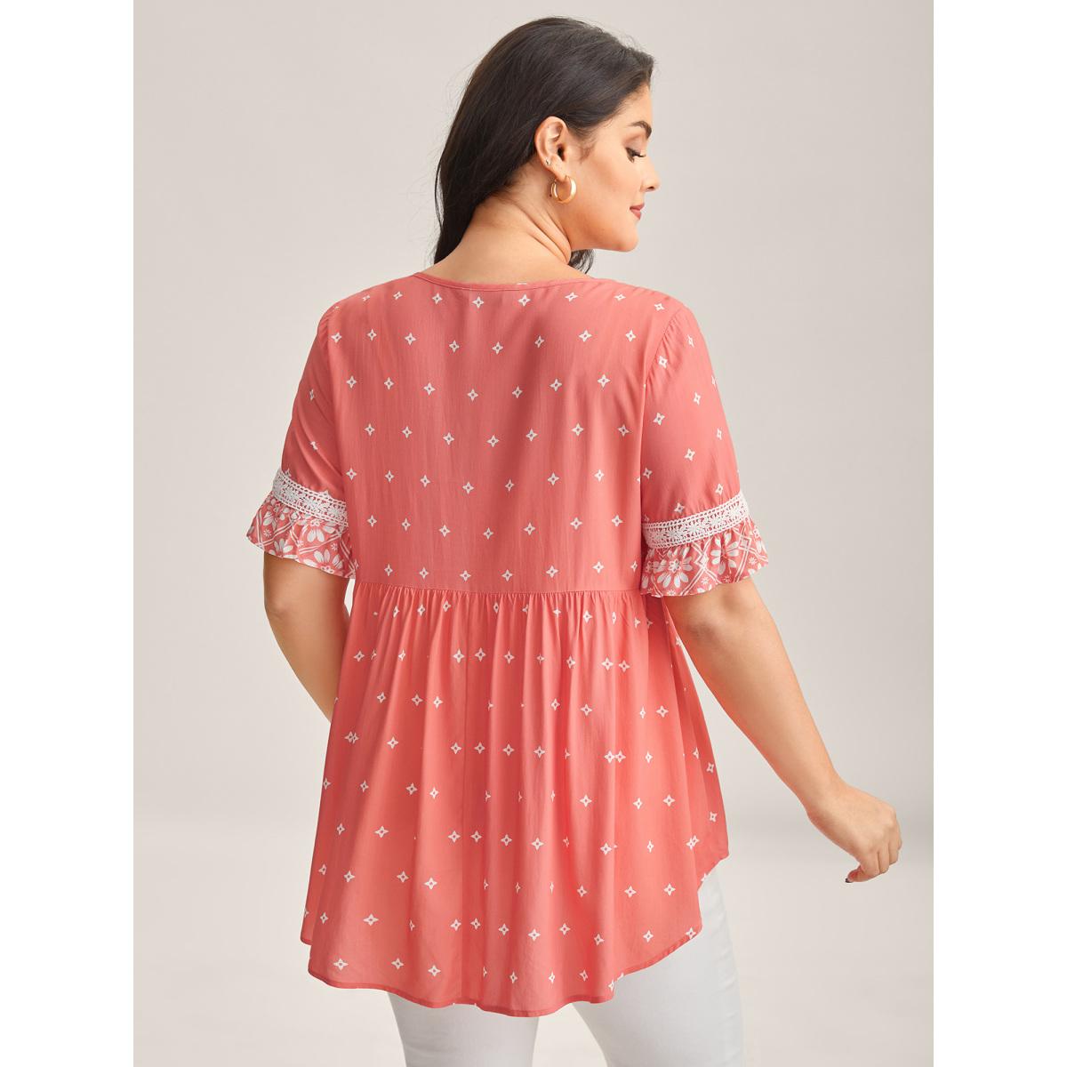 Plus Size OrangeRed Boho Print Lace Babydoll Top Women Half Sleeve Flat collar with V-notch Everyday-Elegant Blouses BloomChic 10/M Product Image