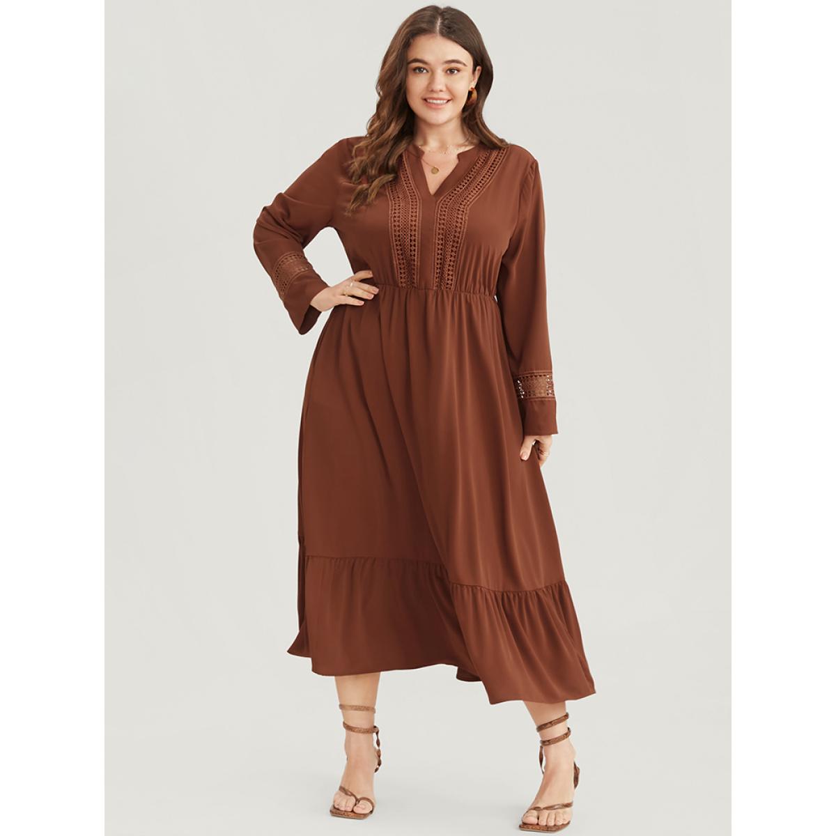 Plus Size Solid V Neck Pocket Contrast Lace Ruffle Hem Dress Russet Women Office Patchwork V-neck Long Sleeve Curvy Midi Dress BloomChic 30/6X Product Image