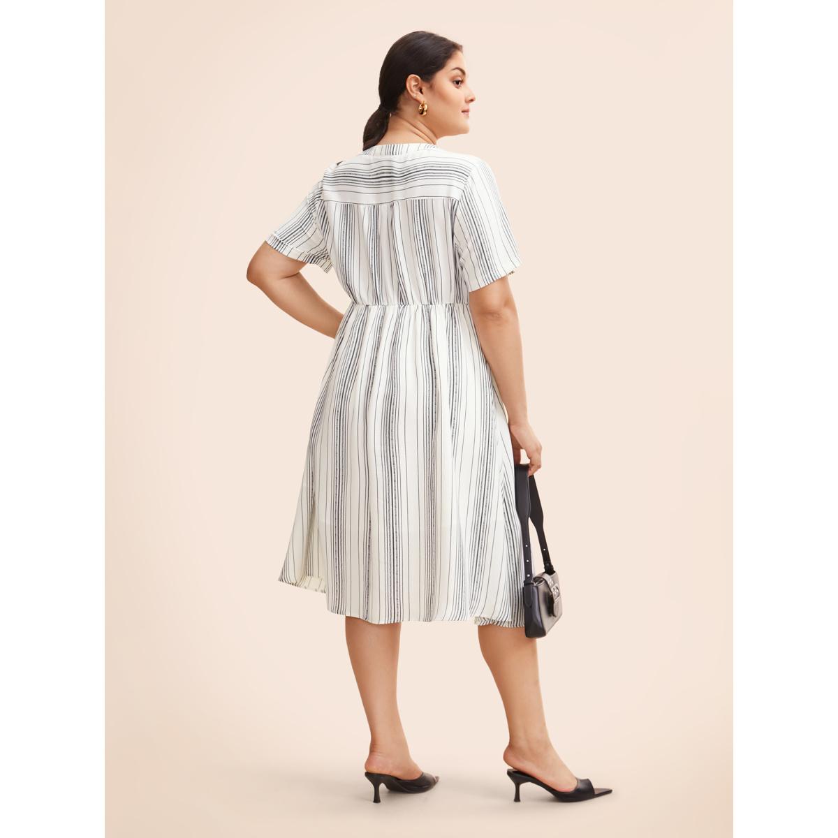 Plus Size Round Neck Striped Button Up Midi Dress WhiteSmoke Women At the Office Button Round Neck Short sleeve Curvy BloomChic 14-16/1X Product Image