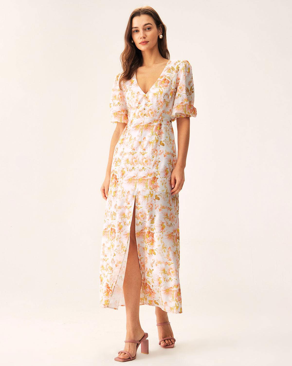 Orange Floral V-Neck Puffed Sleeve Maxi Dress Product Image