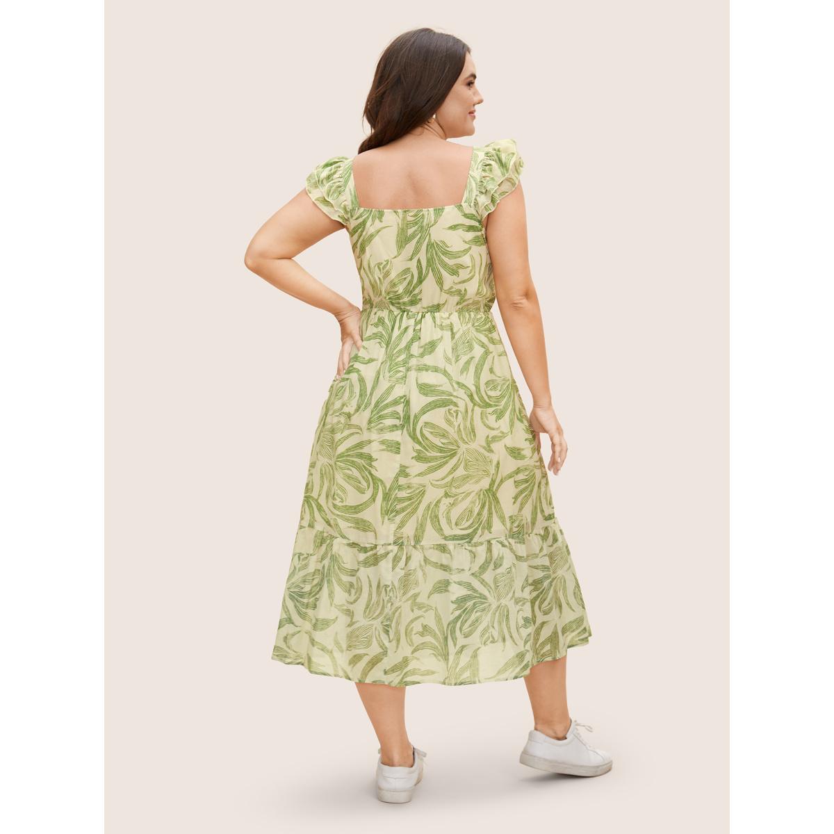Plus Size Cotton Square Neck Floral Print Tiered Ruffles Dress LightGreen Women Casual Ruffles Square Neck Cap Sleeve Curvy BloomChic 28/5X Product Image