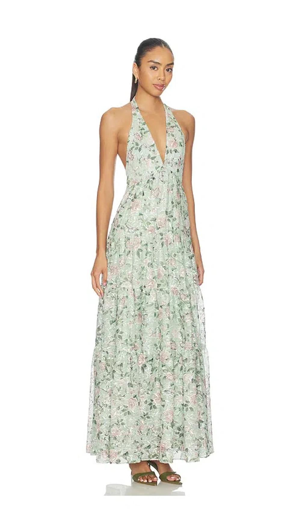 ALICE AND OLIVIA Maura Embroidered Deep V Halter Tiered Maxi Dress In Multi Product Image