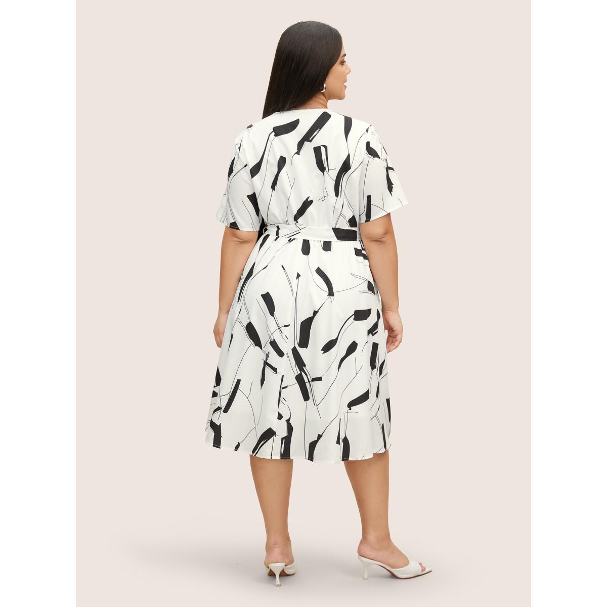 Plus Size Geometric Overlap Collar Belted Midi Dress White Women At the Office Belted Overlap Collar Half Sleeve Curvy BloomChic 14-16/1X Product Image