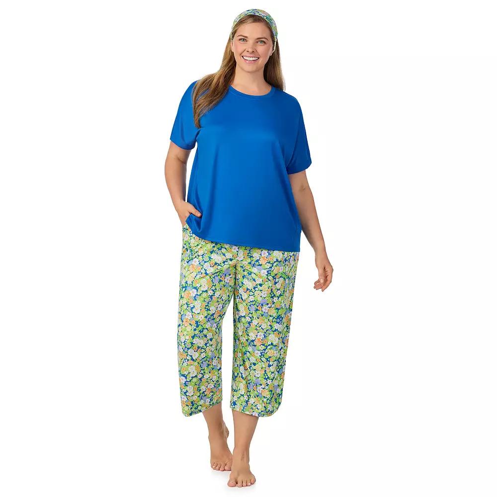 Plus Size Cuddl Duds® 2-pc. Pajama Crewneck Top & Pajama Capri Pants Set with Matching Headband, Women's, Size: 3XL, Blue Ditsy Product Image