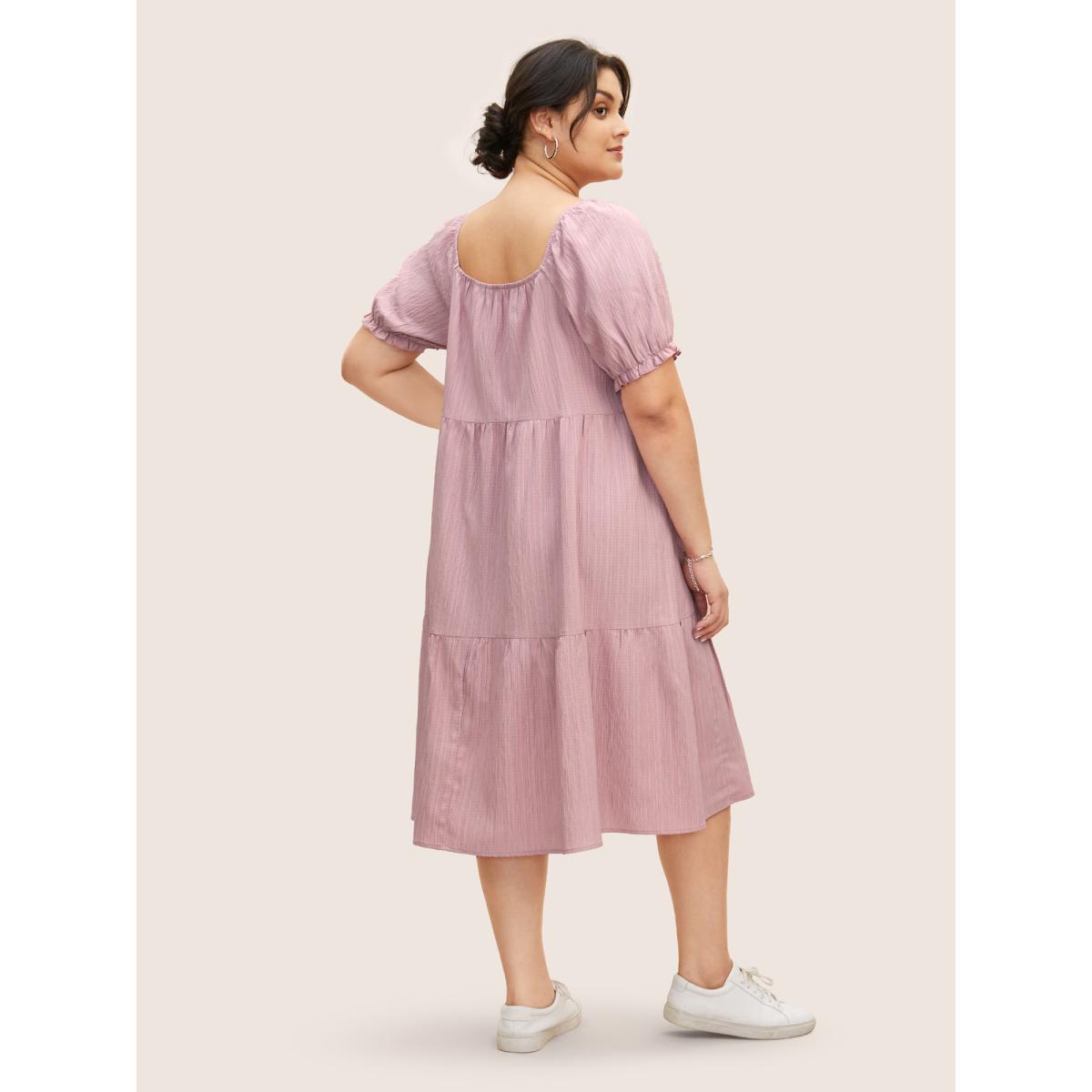 Plus Size Square Neck Textured Ruffle Layered Hem Dress Beanpastepowder Women Casual Tie knot Square Neck Short sleeve Curvy BloomChic 22-24/3X Product Image