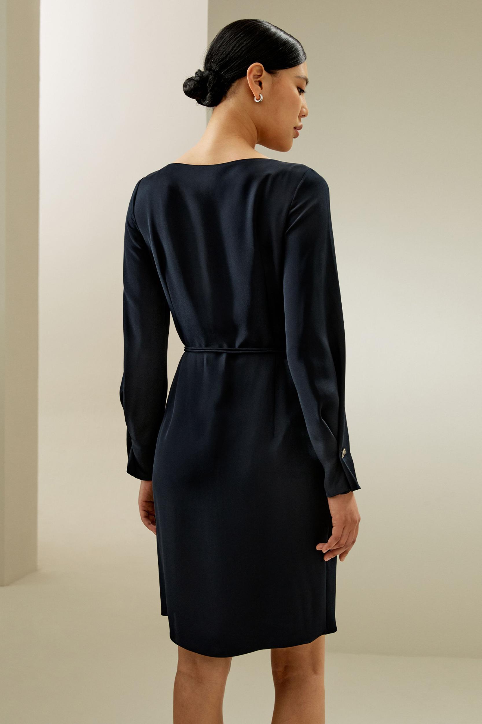 LILYSILK Long Sleeve Silk Dress - for Women - Midnight Blue Heavy Silk - Casual Boat Neck Dress S Product Image