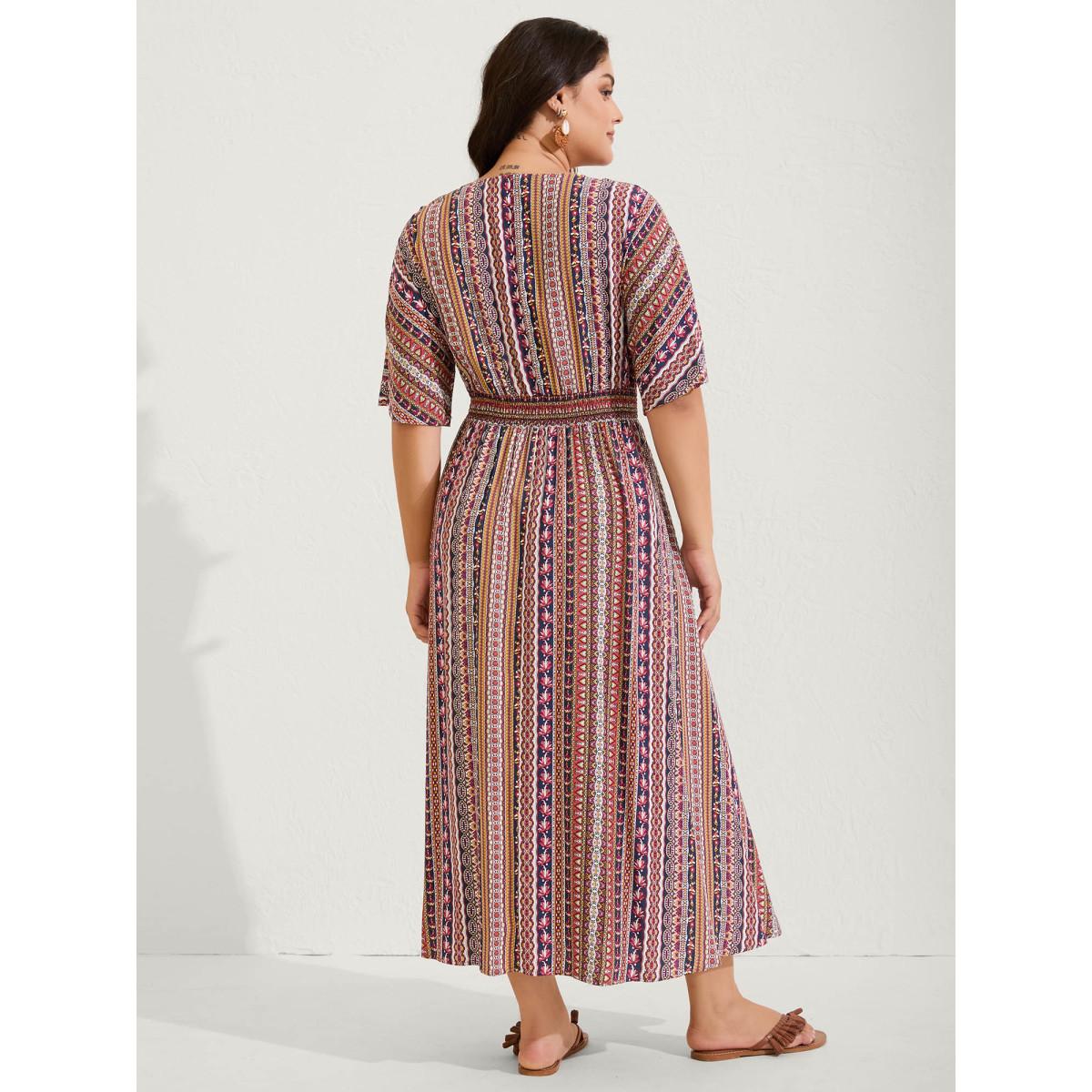 Plus Size Striped Contrast Dolman Sleeve Shirred Pocket Split Flutter Dress Navy Women Boho Non V-neck Half Sleeve Curvy BloomChic 12/L Product Image