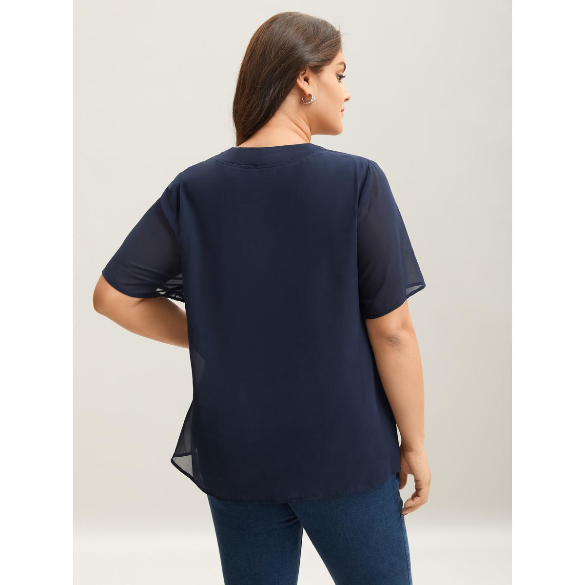 Plus Size Indigo Ribbon Collar Placket Lined Blouse Women Office Short sleeve Ribbon-tied collar Office Blouses BloomChic 26/4X Product Image