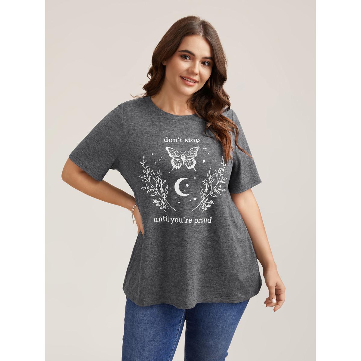 Plus Size Positive Vibes Print Crew Neck T-Shirt DimGray Women Casual Non Butterfly Round Neck Everyday T-shirts BloomChic 12/L Product Image