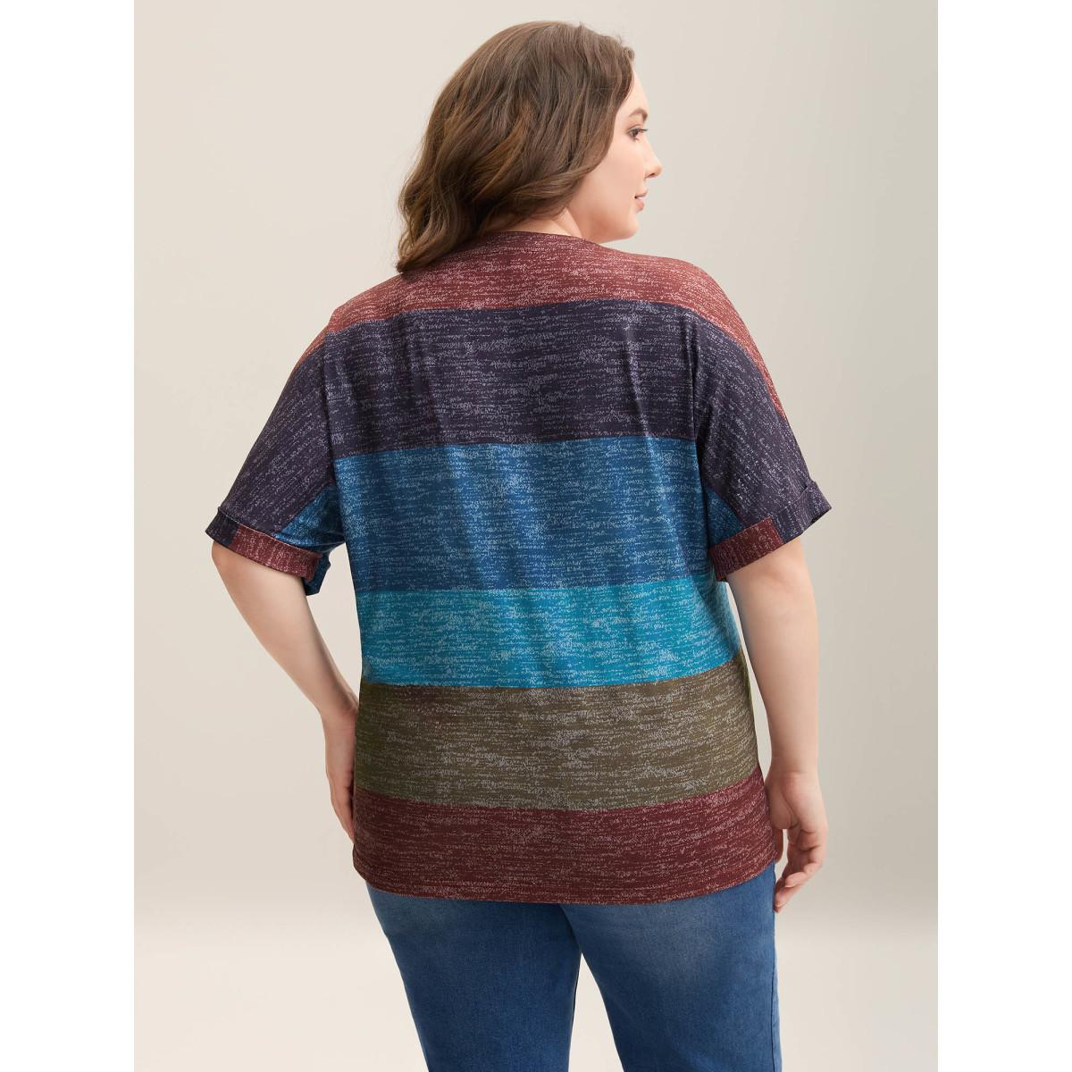 Plus Size Multi-Color Summer Stripes T-Shirt Multicolor Women Leisure Contrast V-neck Casual T-shirts BloomChic 30/6X Product Image
