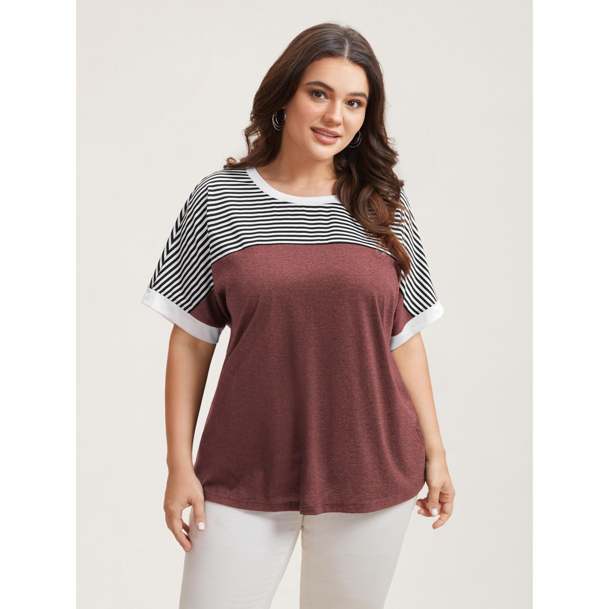 Plus Size Solid and Striped Contrast Hem T-Shirt Russet Women Casual Contrast Round Neck Everyday T-shirts BloomChic 18-20/2X Product Image