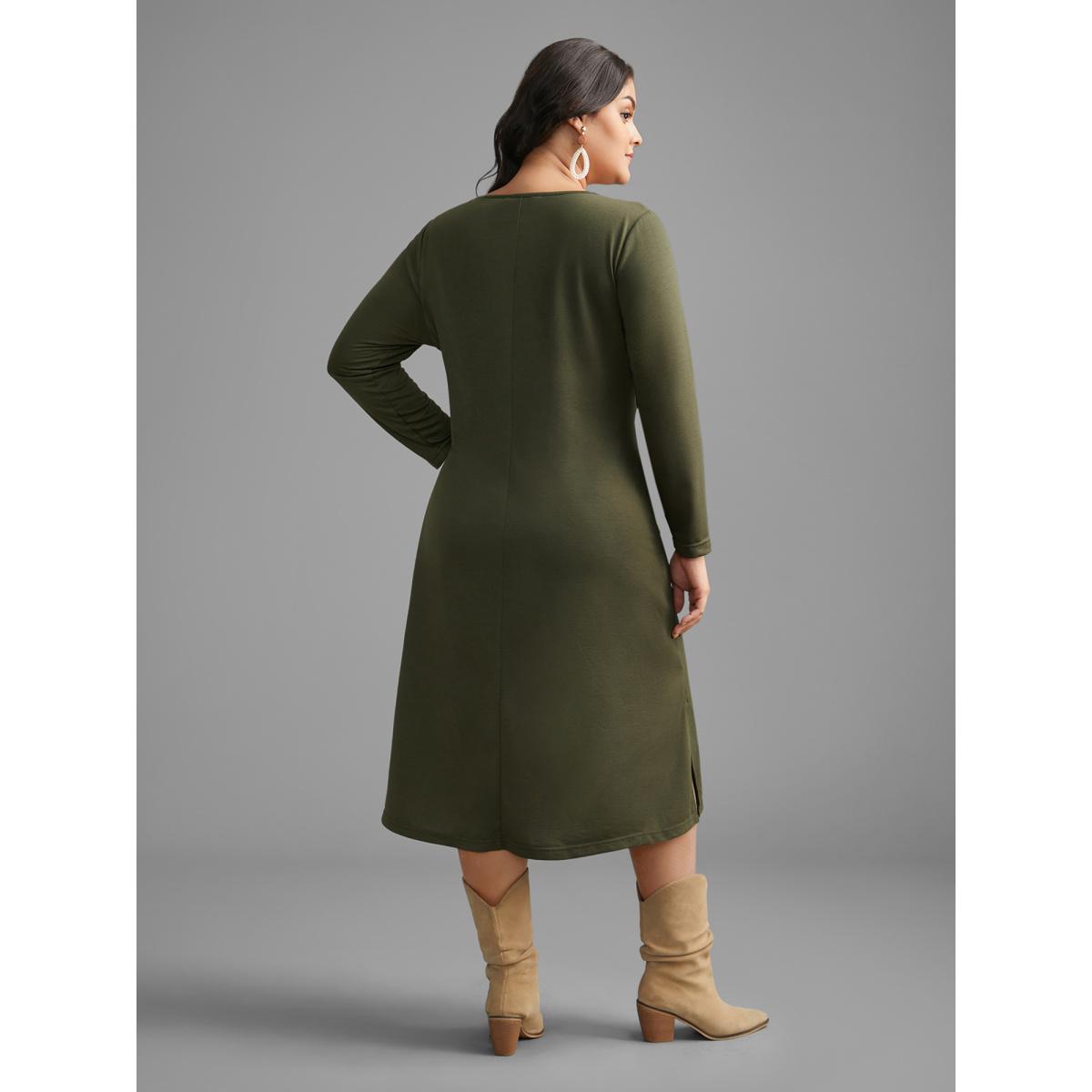 Plus Size Textured Patchwork Button Detail Midi Dress Sage Women Casual Texture Round Neck Long Sleeve Curvy BloomChic 12/L Product Image