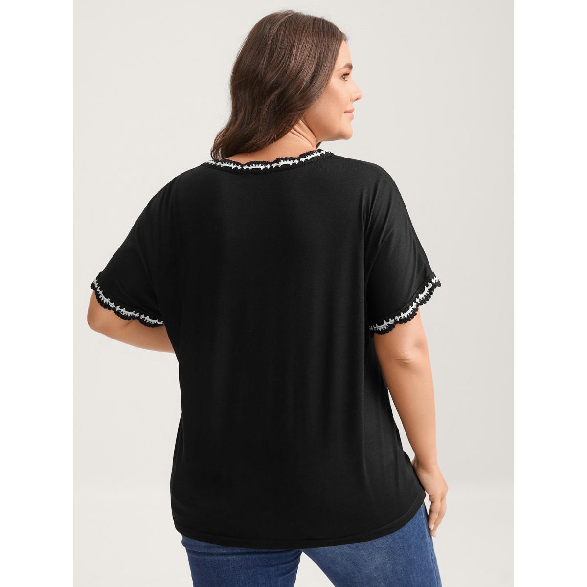 Plus Size Supersoft Stretchy Scalloped Neck Solid T-Shirt Black Women Leisure Woven ribbon&lace trim V-neck Casual T-shirts BloomChic 12/L Product Image