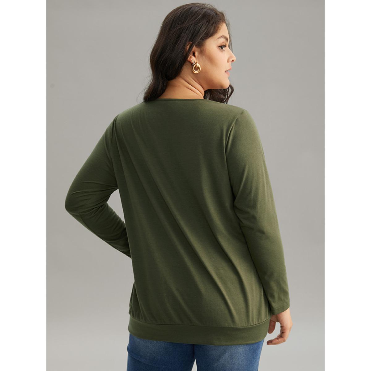 Plus Size Plain Cut Out Round Neck Knit T-shirt ArmyGreen Women Elegant Cut-Out Plain Round Neck Dailywear T-shirts BloomChic 12/L Product Image
