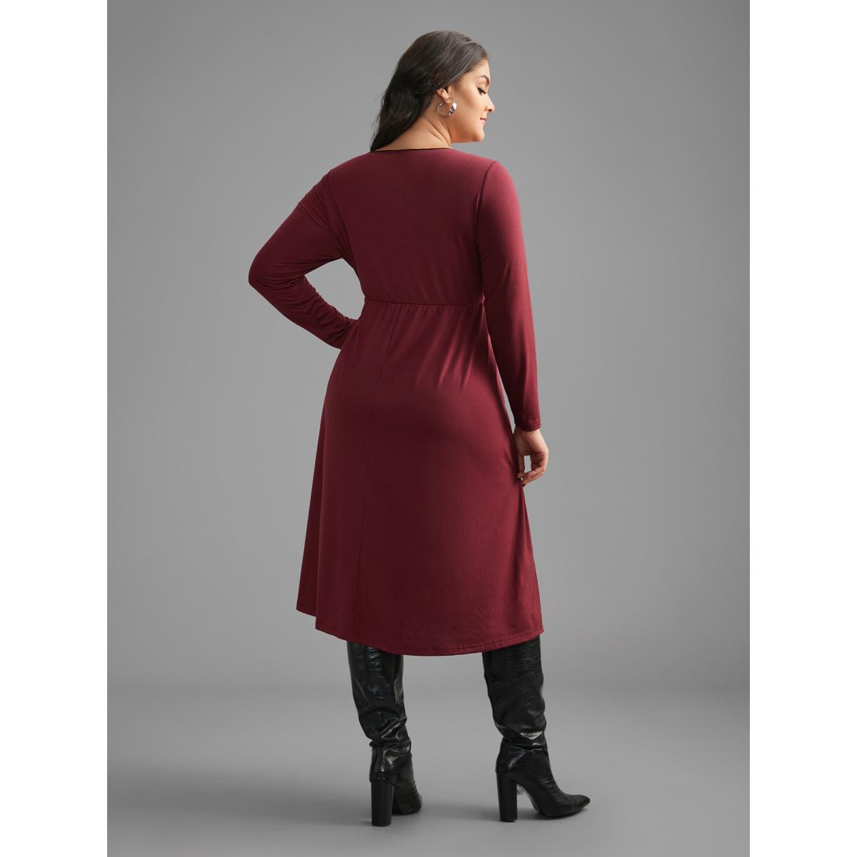 Plus Size Square Neck Lace Panel Lace Up Dress Burgundy Women Elegant Woven ribbon&lace trim Square Neck Long Sleeve Curvy BloomChic 22-24/3X Product Image