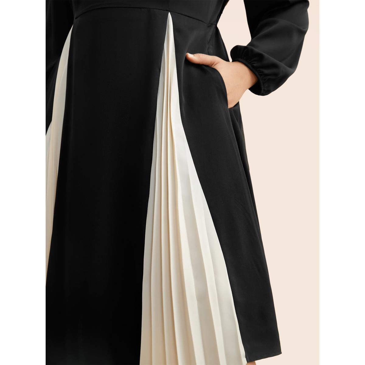 Plus Size Crew Neck Contrast Pleated Dress Black Women At the Office Contrast Round Neck Long Sleeve Curvy BloomChic 28/5X Product Image