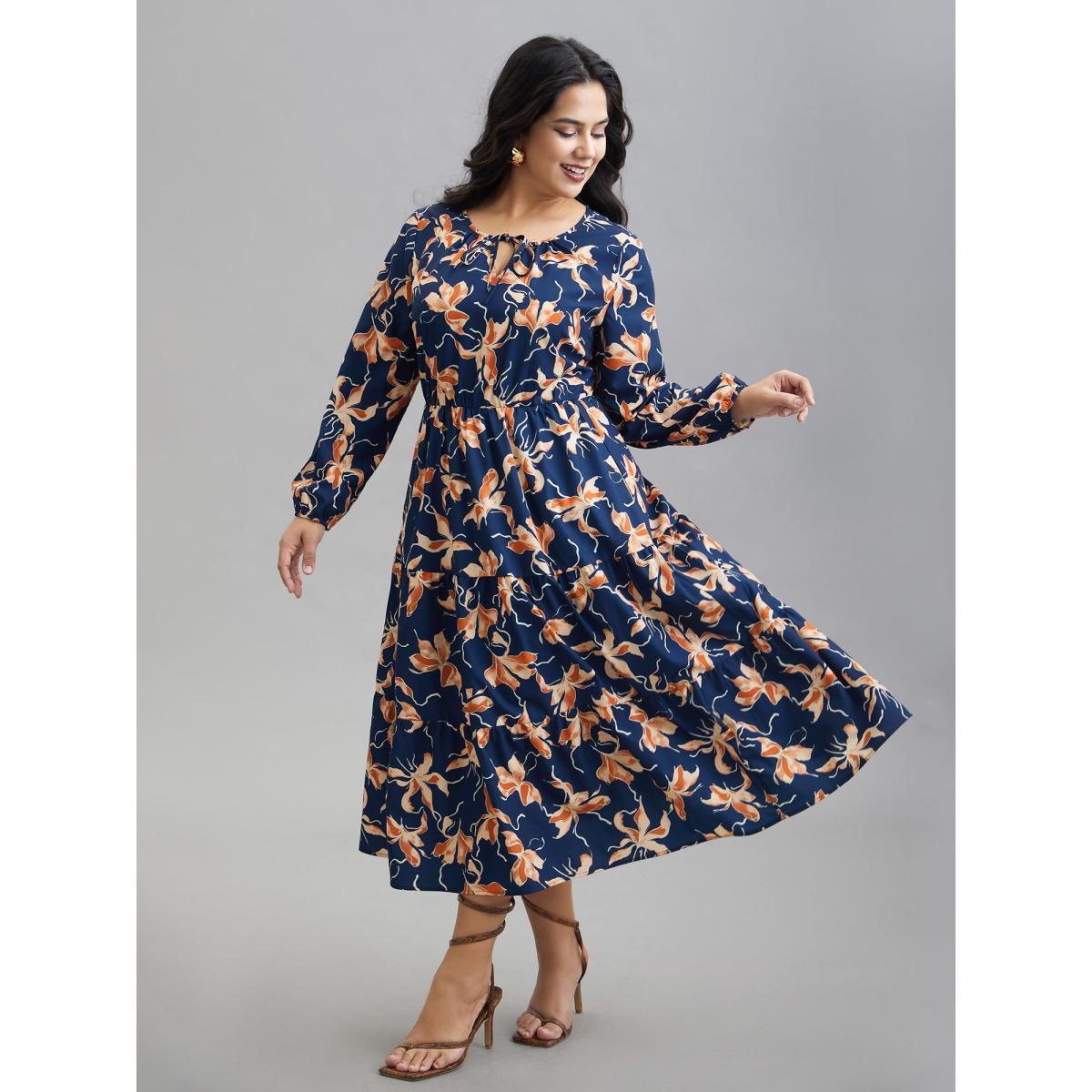 Plus Size Tropical Flower Print Pockets Waist-Tie Midi Dress Navy Women Elegant Tie knot Round Neck Long Sleeve Curvy BloomChic 28/5X Product Image