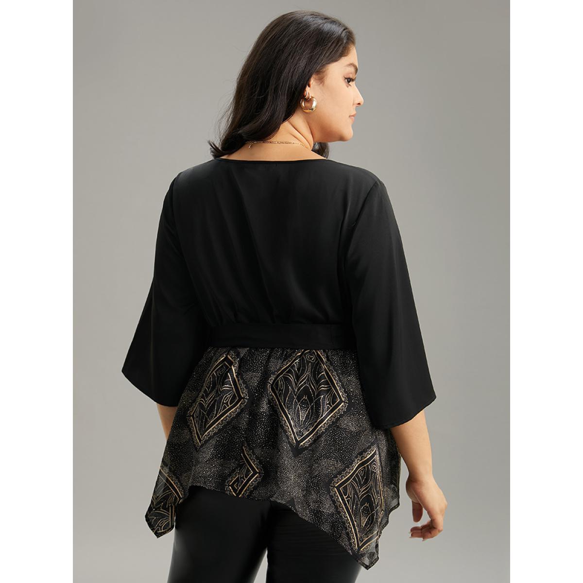 Plus Size Black Boho Print Chiffon Belted Patchwork Hanky Hem Blouse Women Glamour Elbow-length sleeve V-neck Going out Blouses BloomChic 22-24/3X Product Image