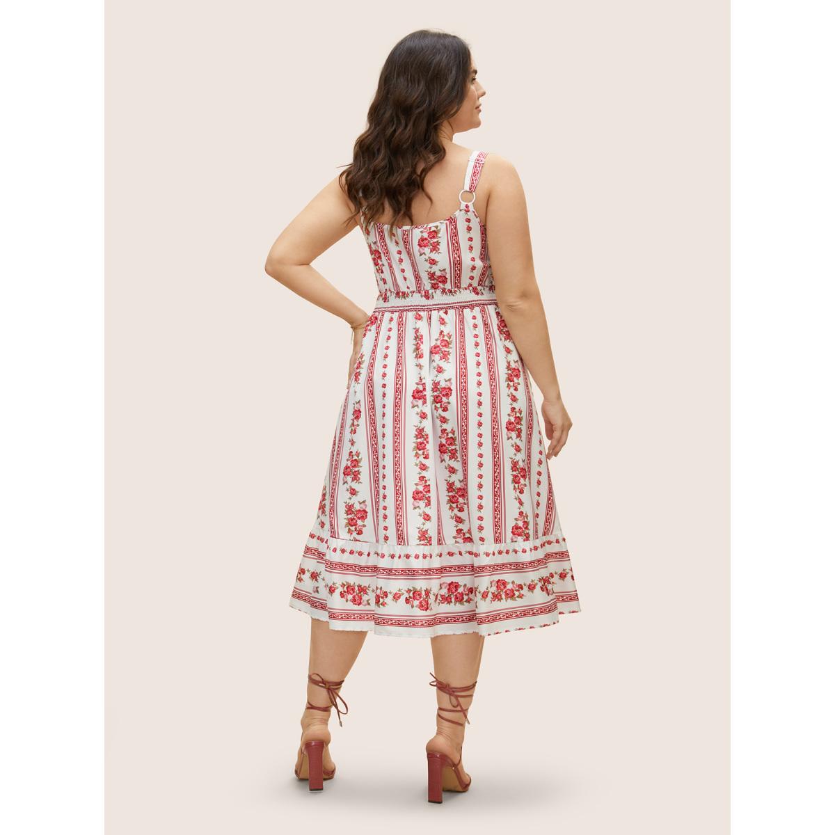 Plus Size Heart Neckline Boho Print Shirred Cami Midi Dress Originalwhite Women Elegant Shirred Heart neckline Sleeveless Curvy BloomChic 28/5X Product Image