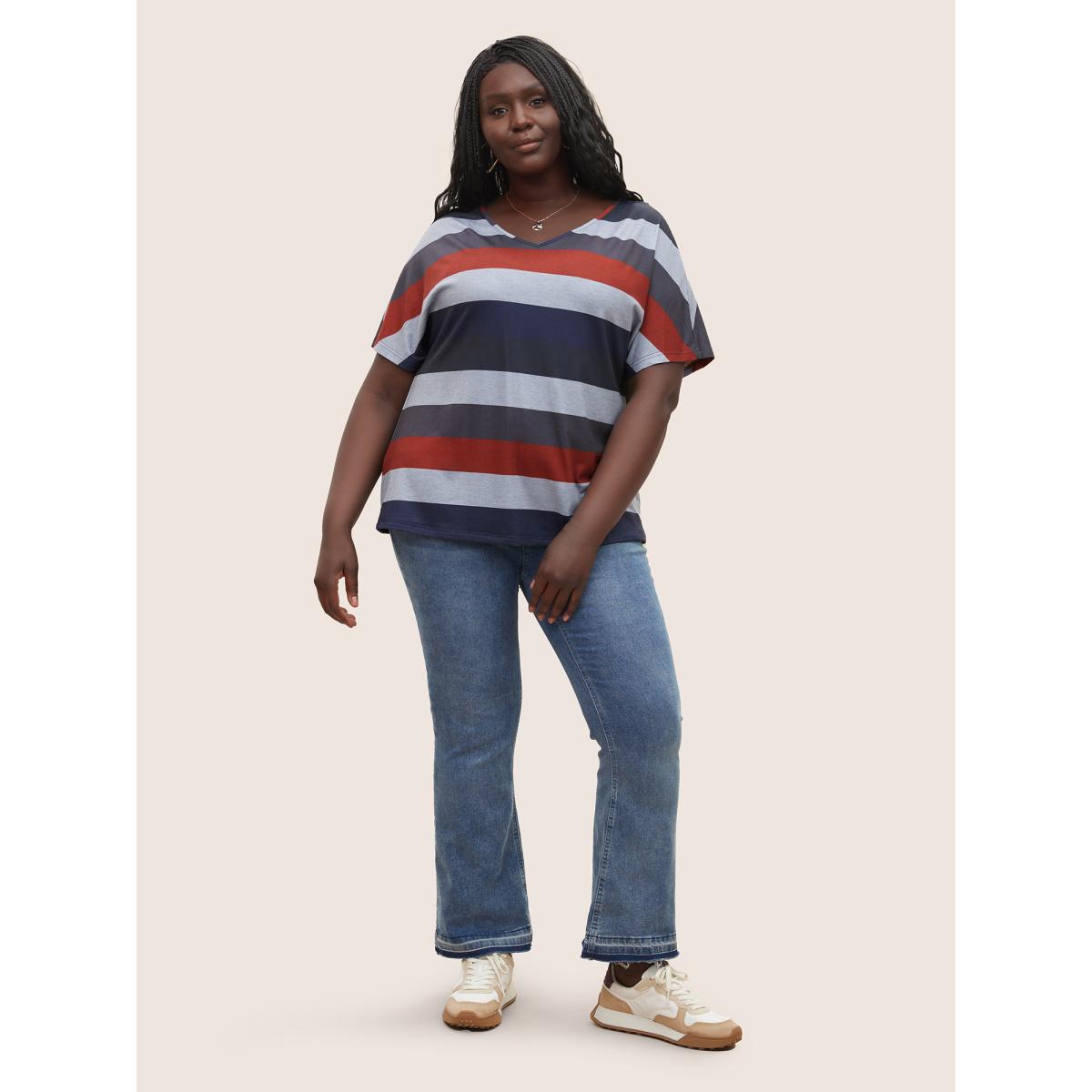 Plus Size Contrast Striped Dolman Sleeve T-shirt Multicolor Women Casual Striped V-neck Everyday T-shirts BloomChic 18-20/2X Product Image