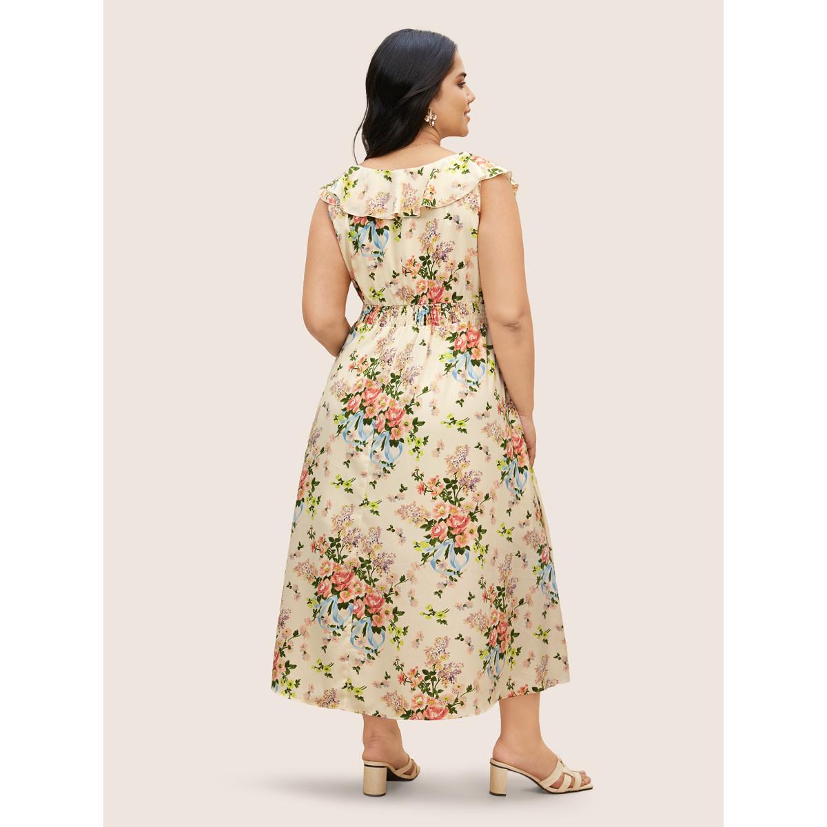 Plus Size Square Neck Floral Ruffle Trim Dress Beige Women Elegant Ruffles Square Neck Sleeveless Curvy BloomChic 22-24/3X Product Image