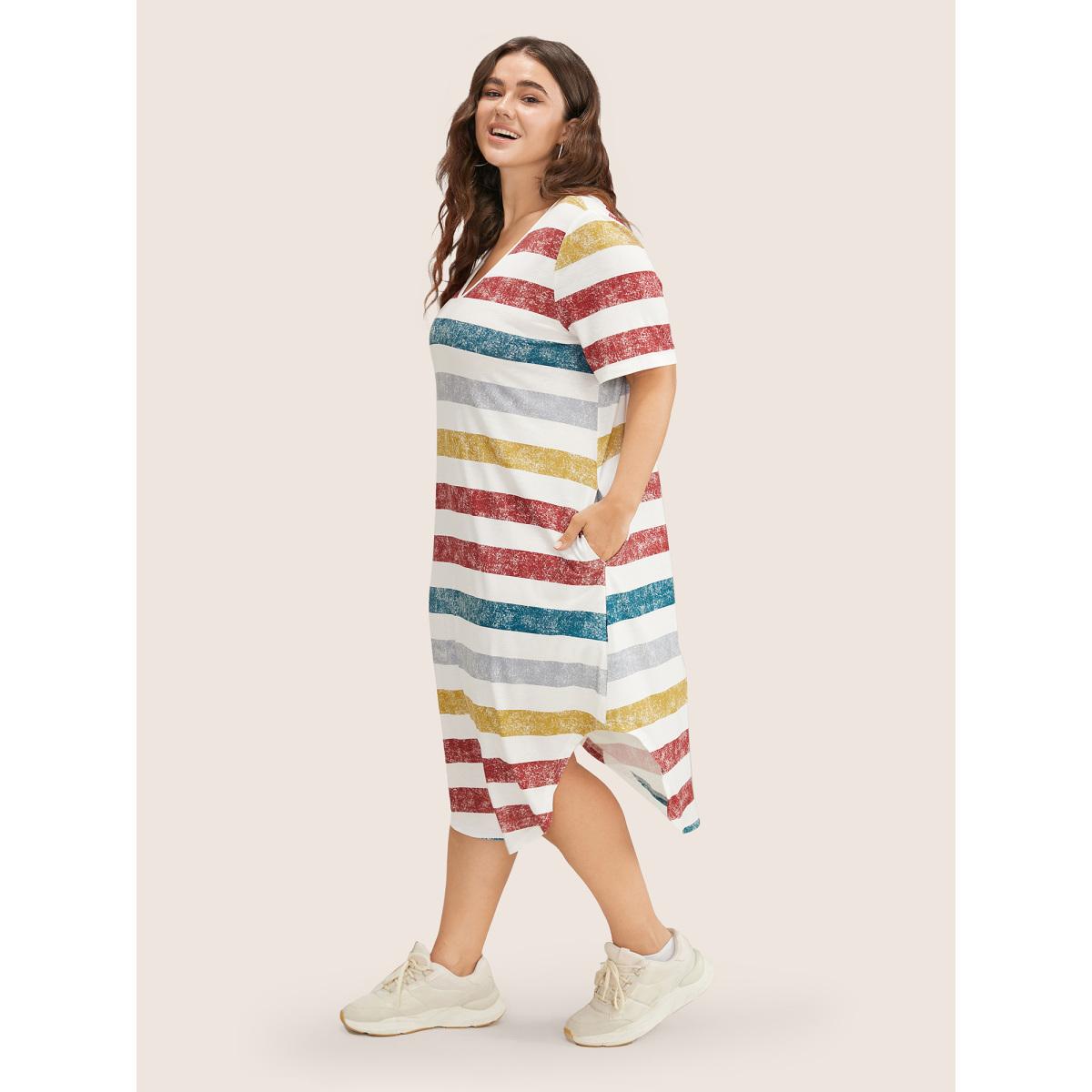 Plus Size Striped Contrast Arc Hem V Neck Pocket Dress Multicolor Women Playful Non V-neck Short sleeve Curvy Midi Dress BloomChic 12/L Product Image