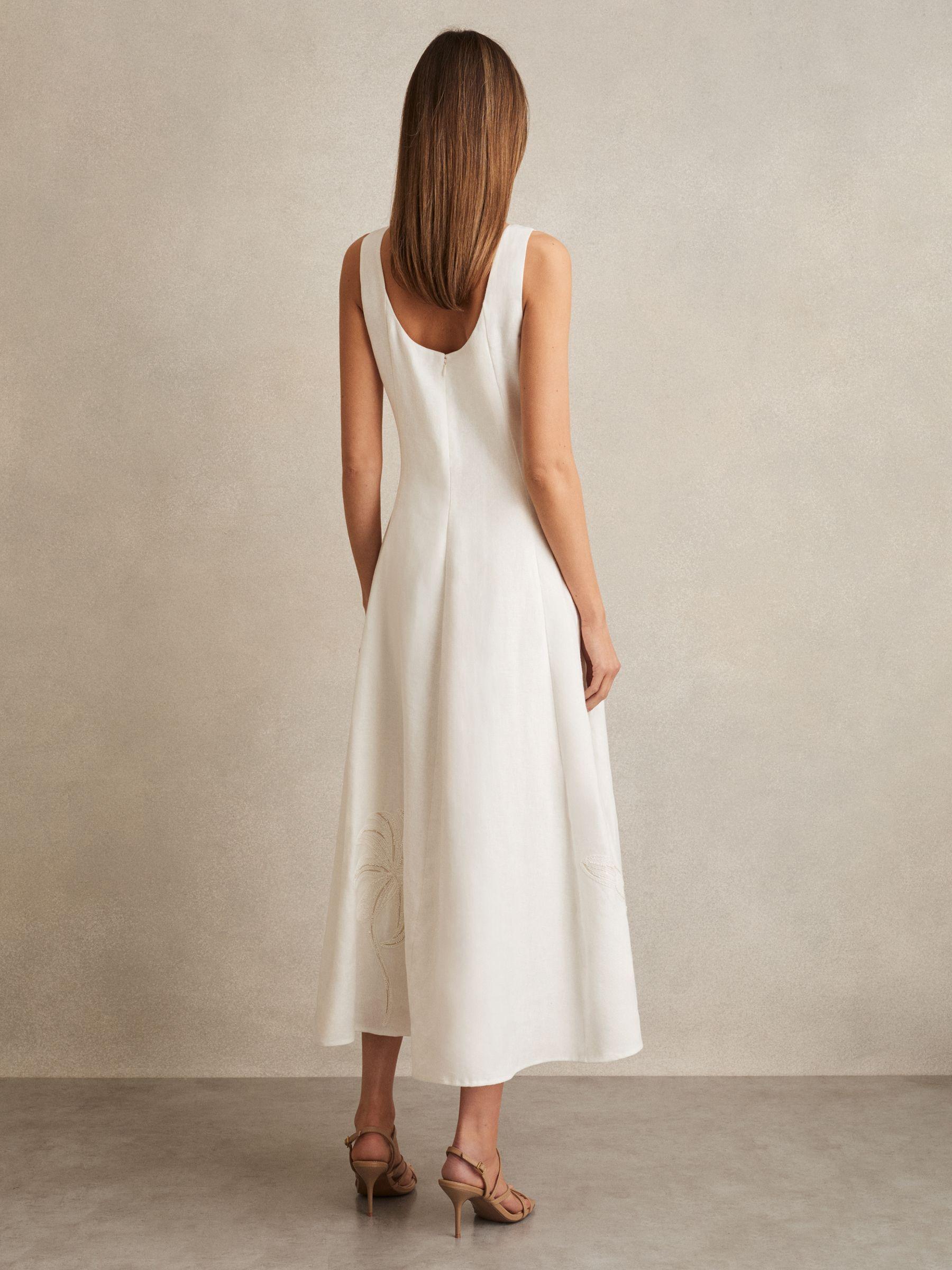 Linen Floral-Embroidered Midi Dress in Ivory Product Image