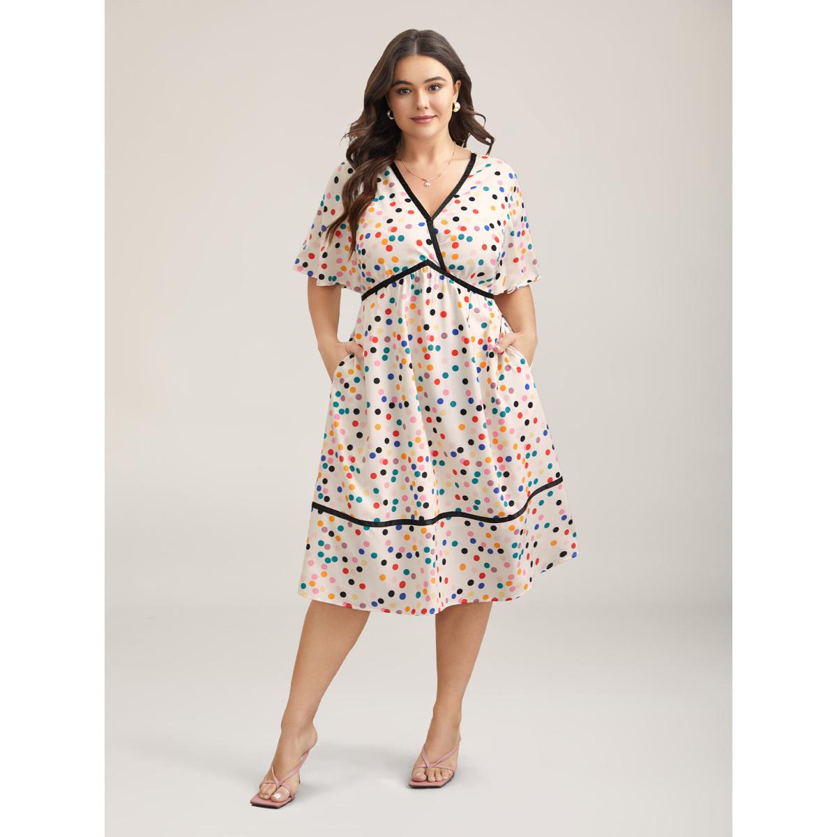 Plus Size Multi-Color Polka Dots Lined Tiered Midi Dress Originalwhite Women Elegant Gathered Overlap Collar Half Sleeve Curvy BloomChic 30/6X Product Image