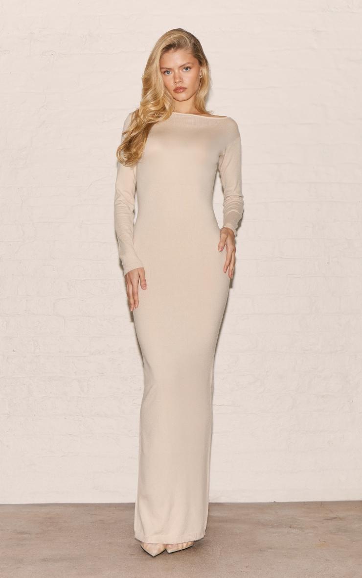 Oatmeal Basic Knit Asymmetric Neckline Long Sleeve Maxi Dress Product Image