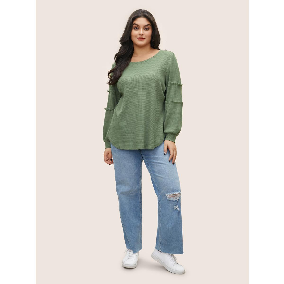 Plus Size Plain Texture Waffle Knit Arc Hem T-shirt Mint Women Casual Texture Plain Round Neck Everyday T-shirts BloomChic 12/L Product Image